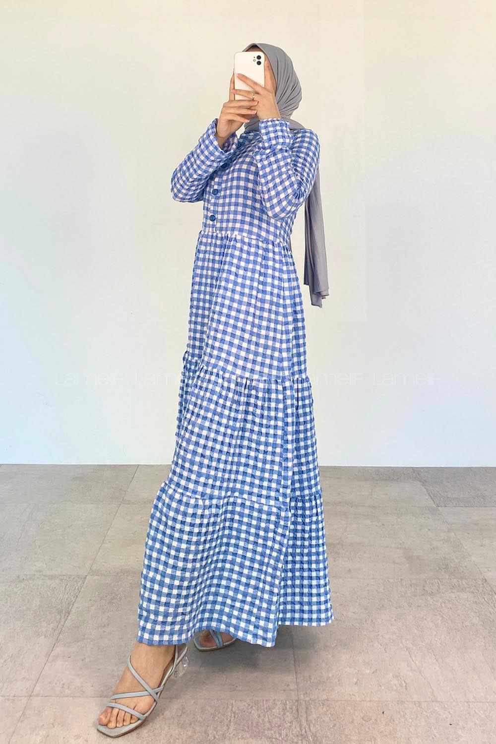 Blue Mandarin Collar Cotton Viscose Fabric Printed Dresess