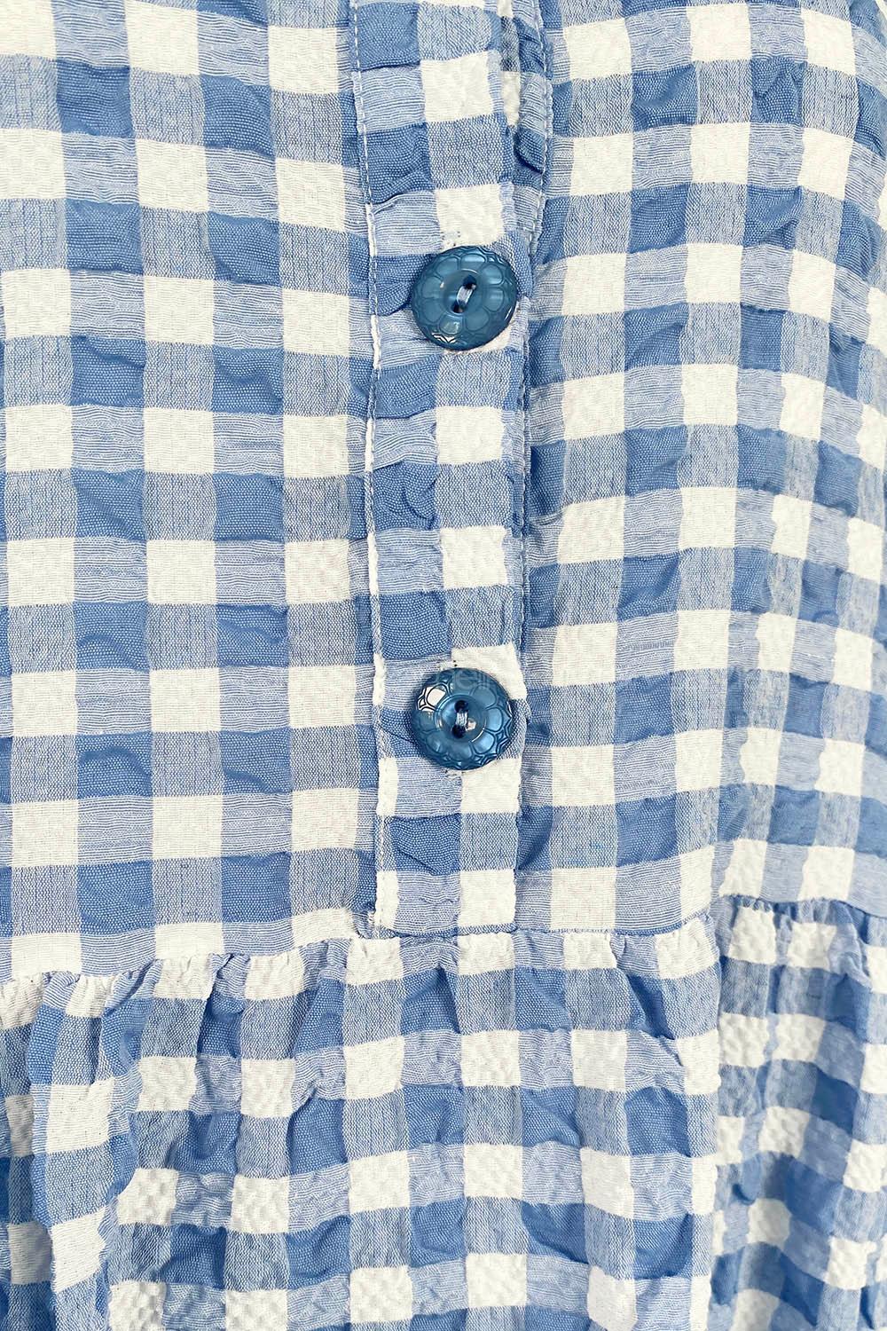 Blue Mandarin Collar Cotton Viscose Fabric Printed Dresess