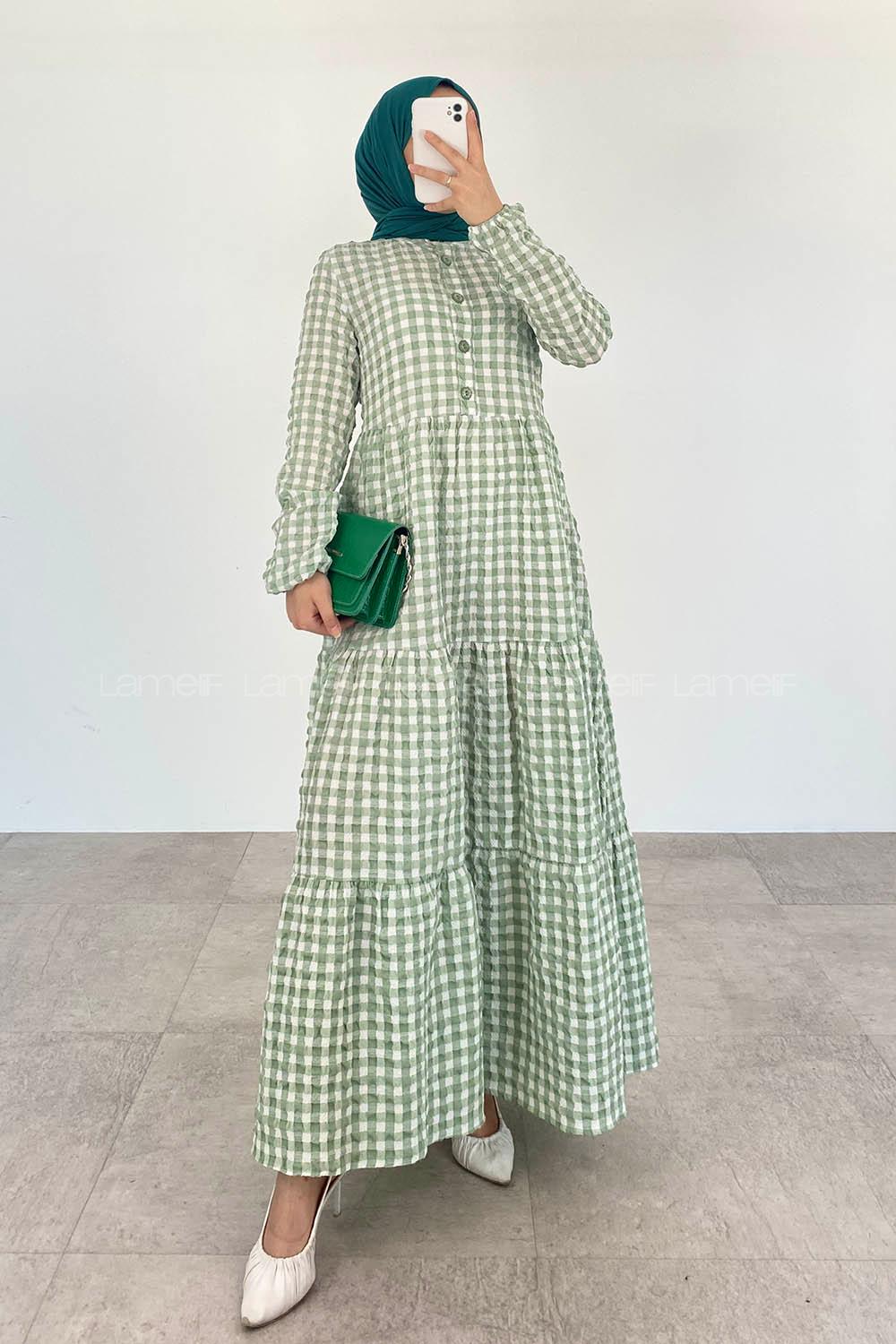 Mint Green Mandarin Collar Cotton Viscose Fabric Printed Dresess