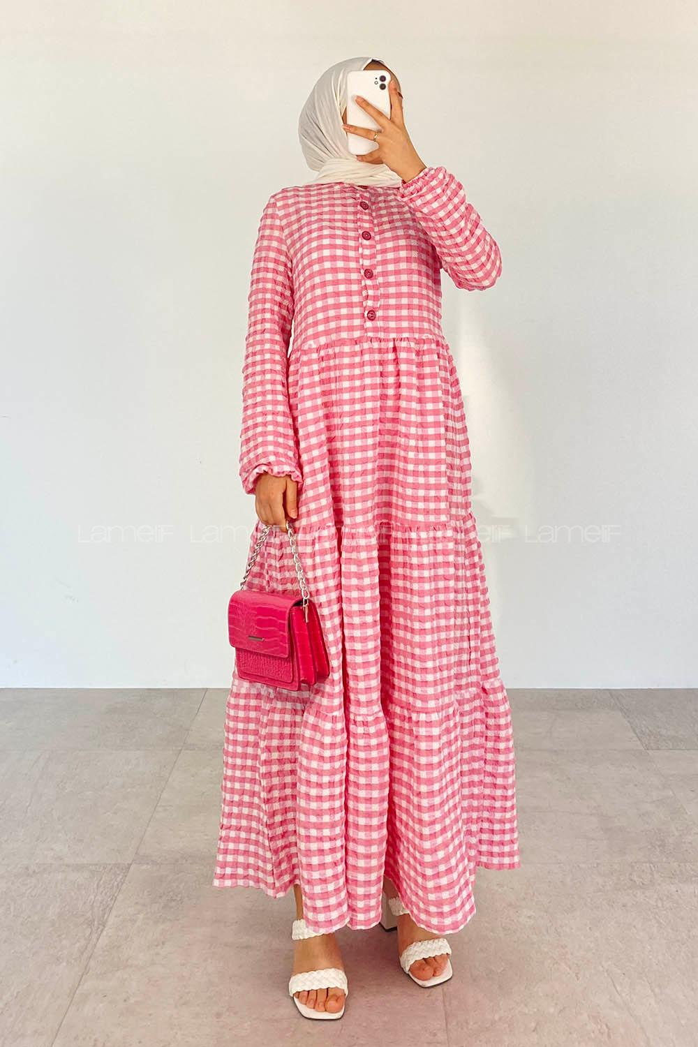 Pink Mandarin Collar Cotton Viscose Fabric Printed Dresess