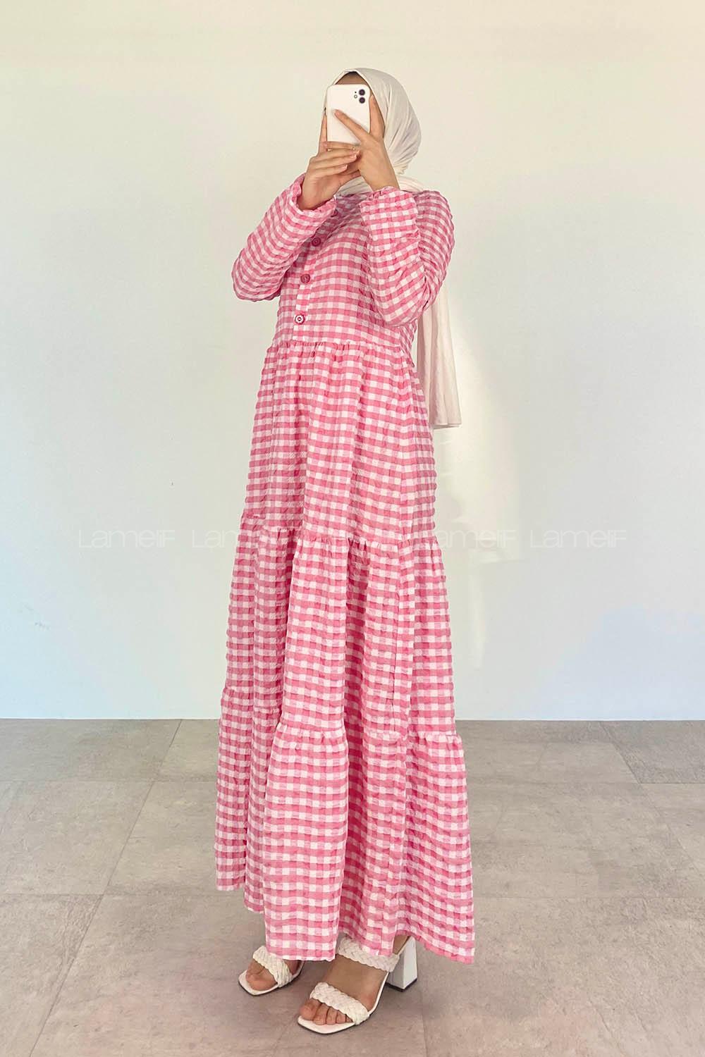 Pink Mandarin Collar Cotton Viscose Fabric Printed Dresess