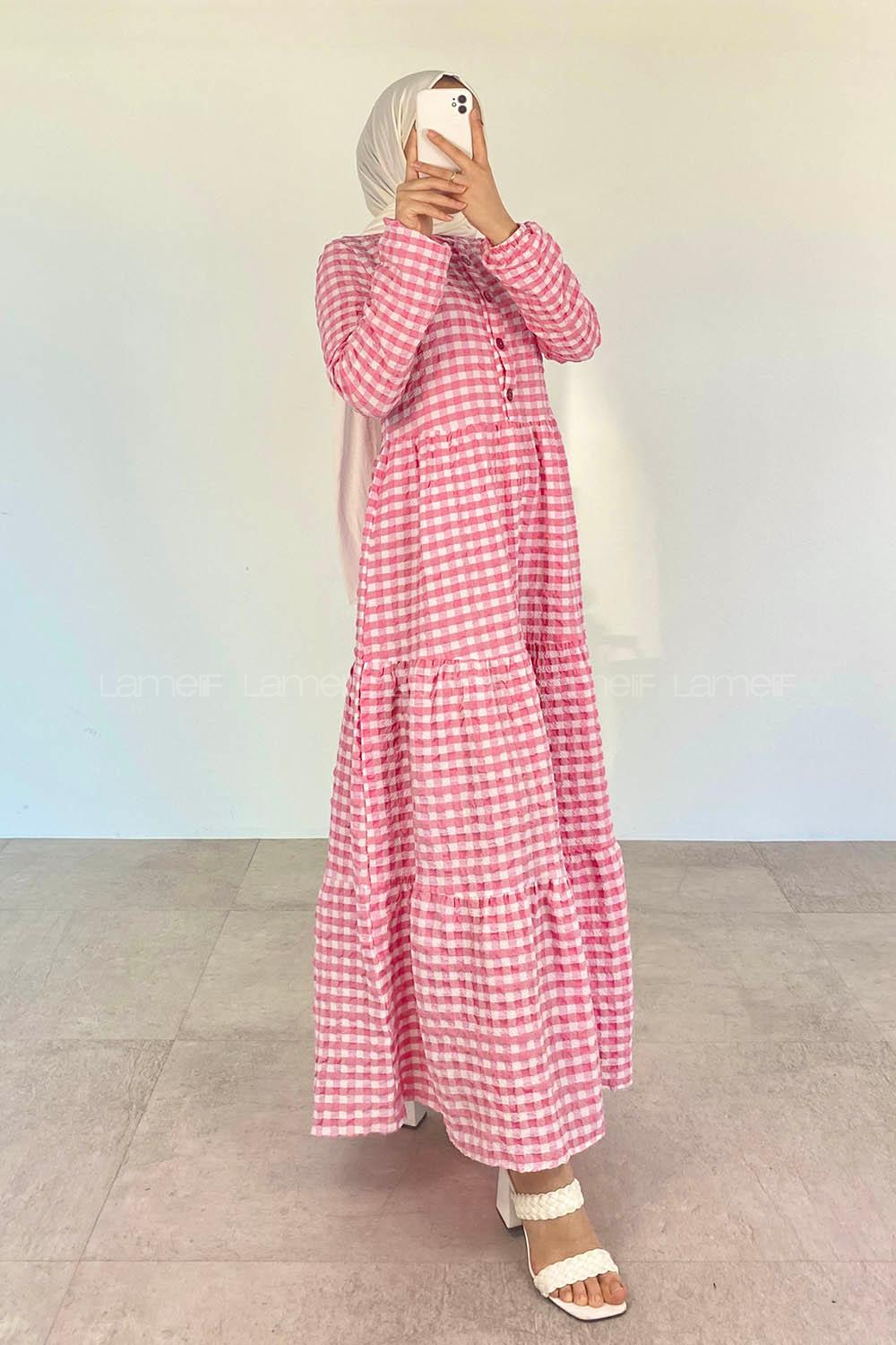 Pink Mandarin Collar Cotton Viscose Fabric Printed Dresess