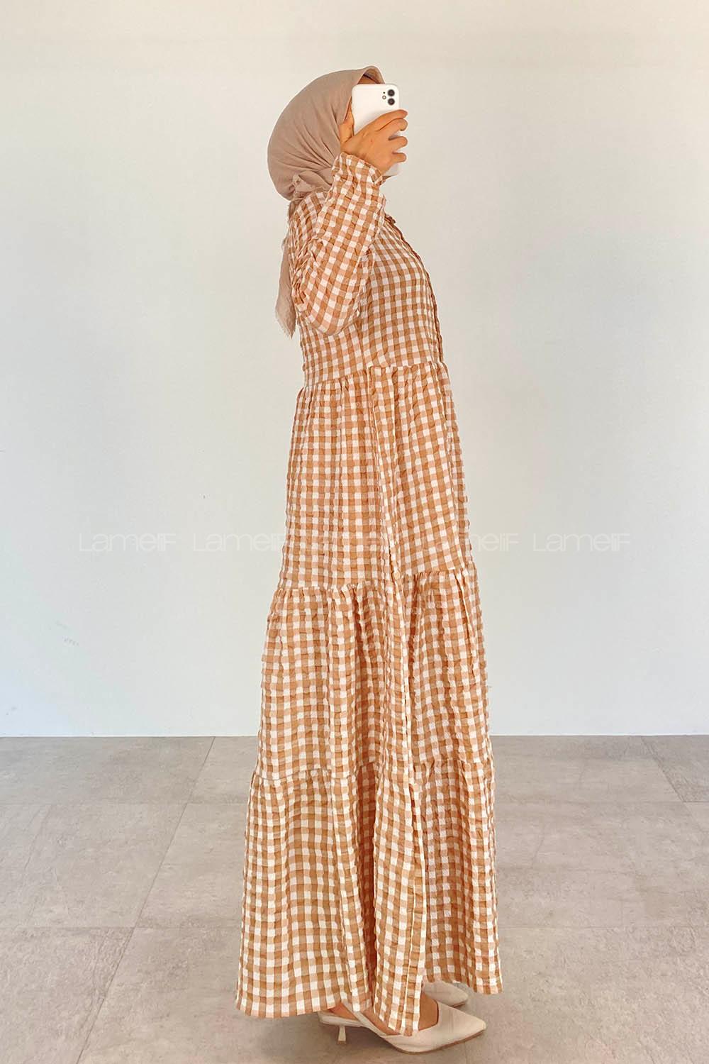 Brown With Milk Mandarin Collar Cotton Viscose Fabric Printed Dresess