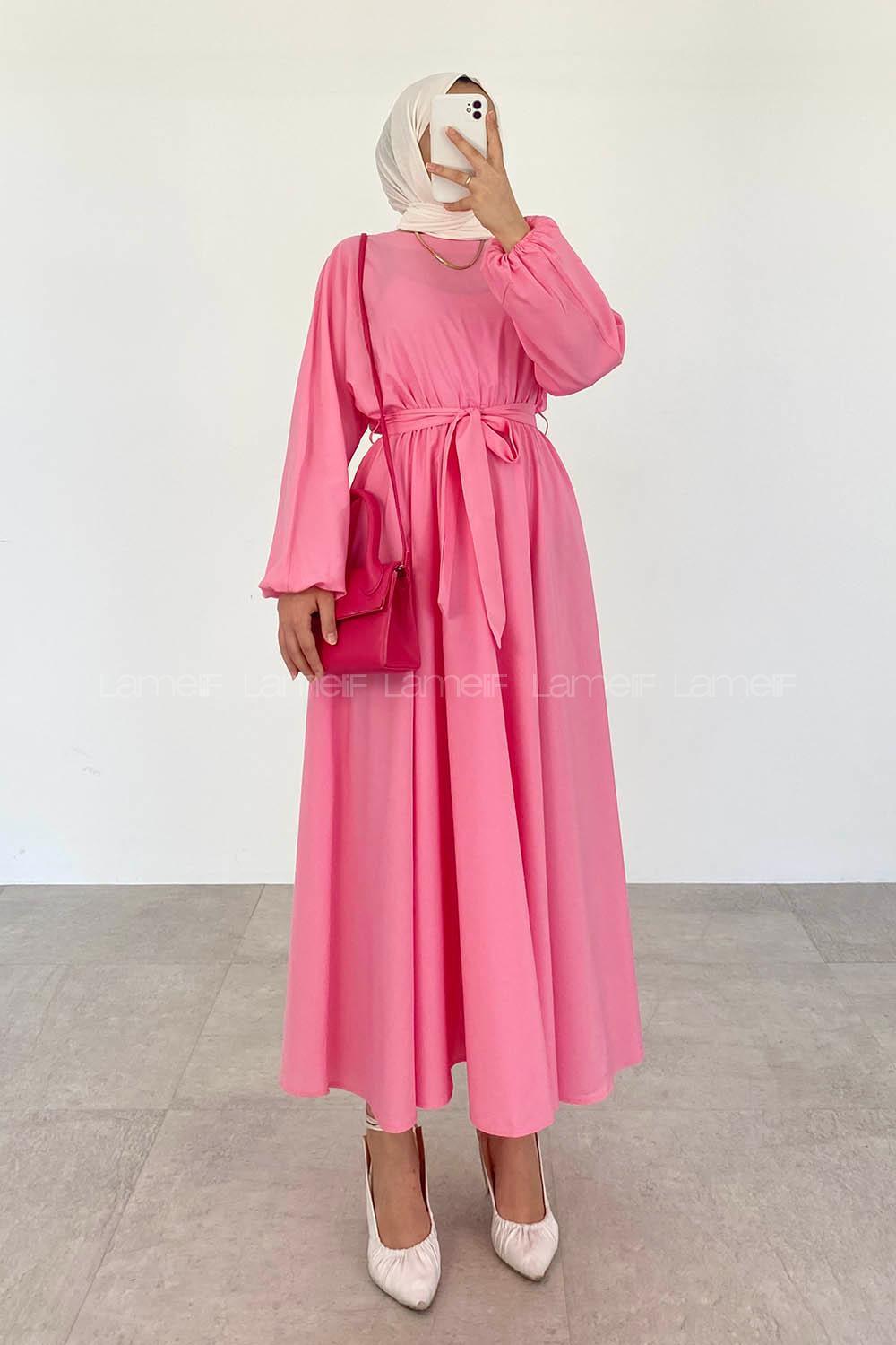 Candy Pink Medium Crew Neck Linen Unprinted Dresess