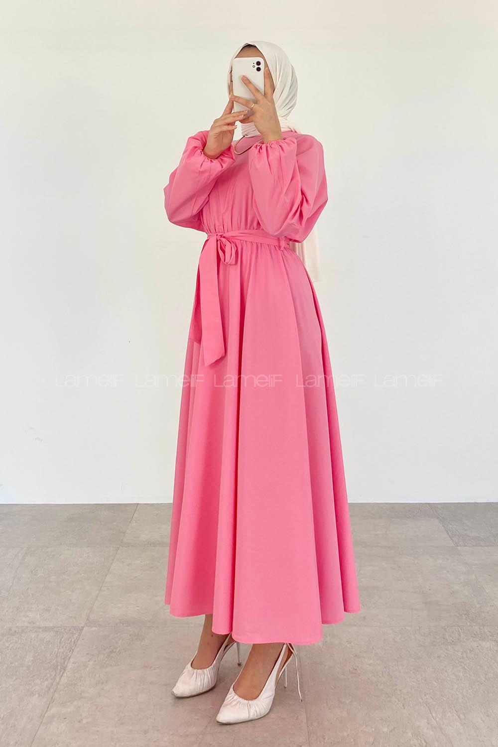 Candy Pink Medium Crew Neck Linen Unprinted Dresess