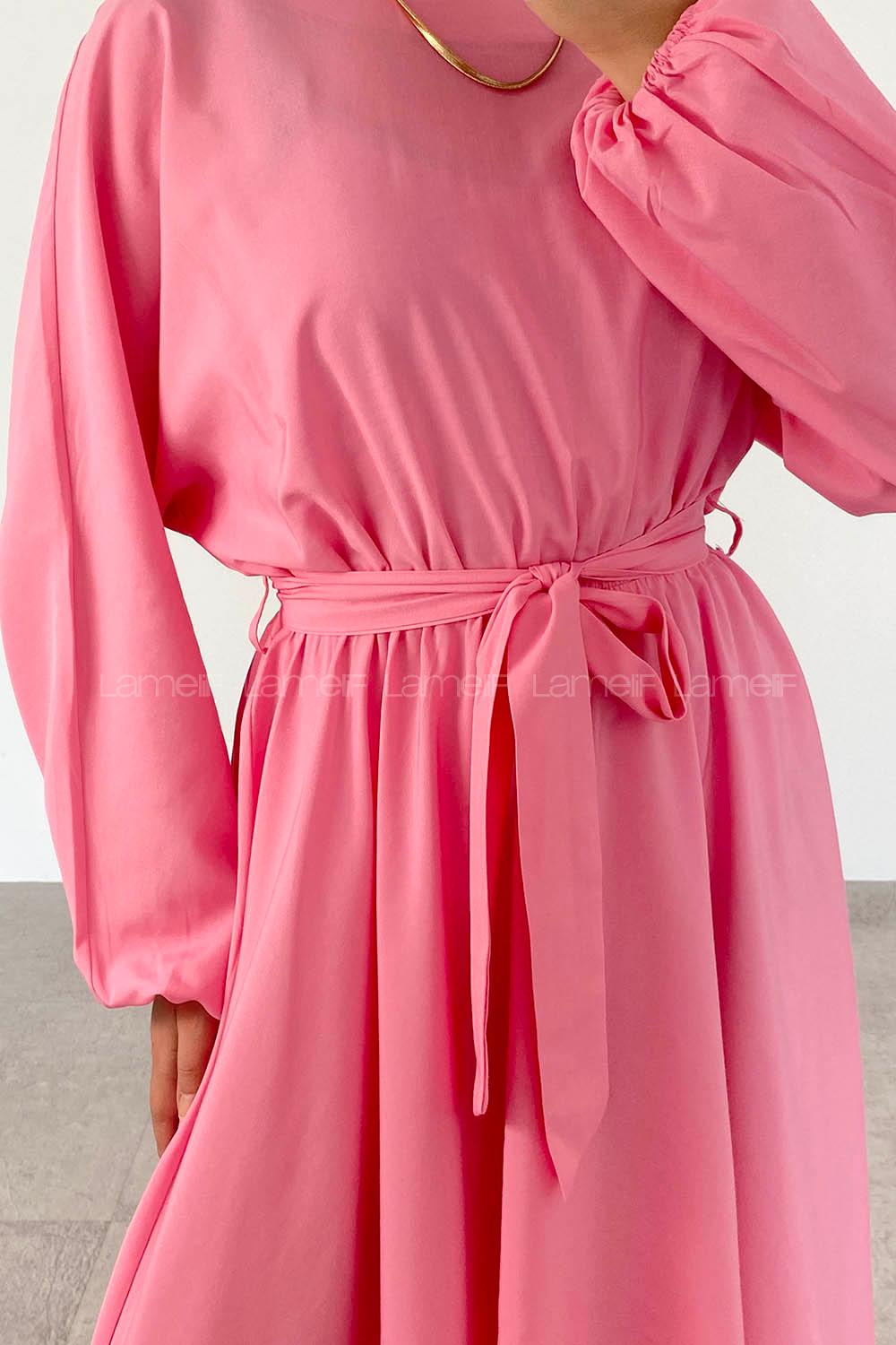 Candy Pink Medium Crew Neck Linen Unprinted Dresess