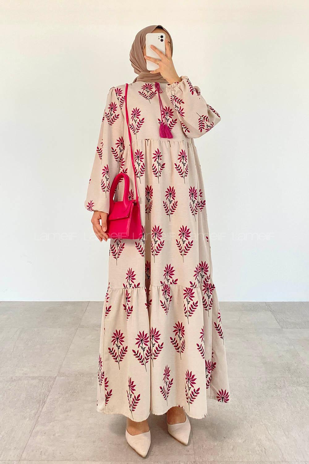 Fuchsia Foulard Neck Cotton Printed Dresess