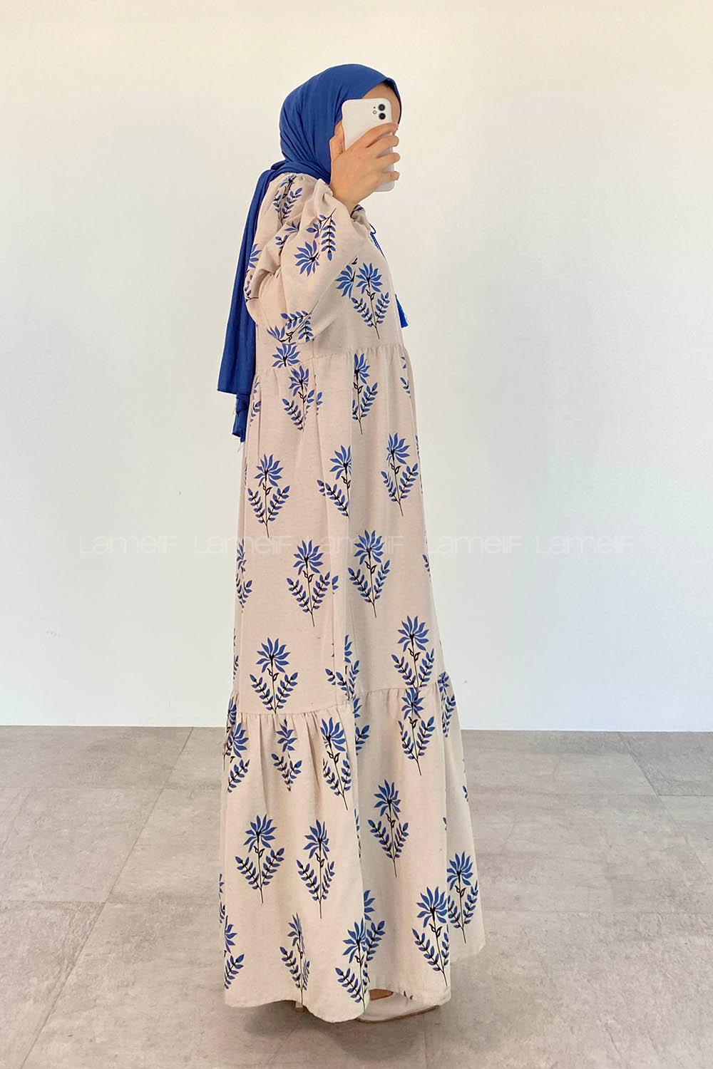 Indigo Foulard Neck Cotton Printed Dresess