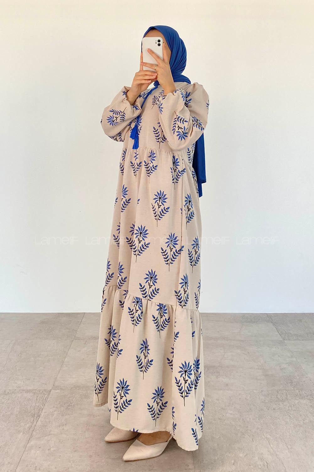 Indigo Foulard Neck Cotton Printed Dresess