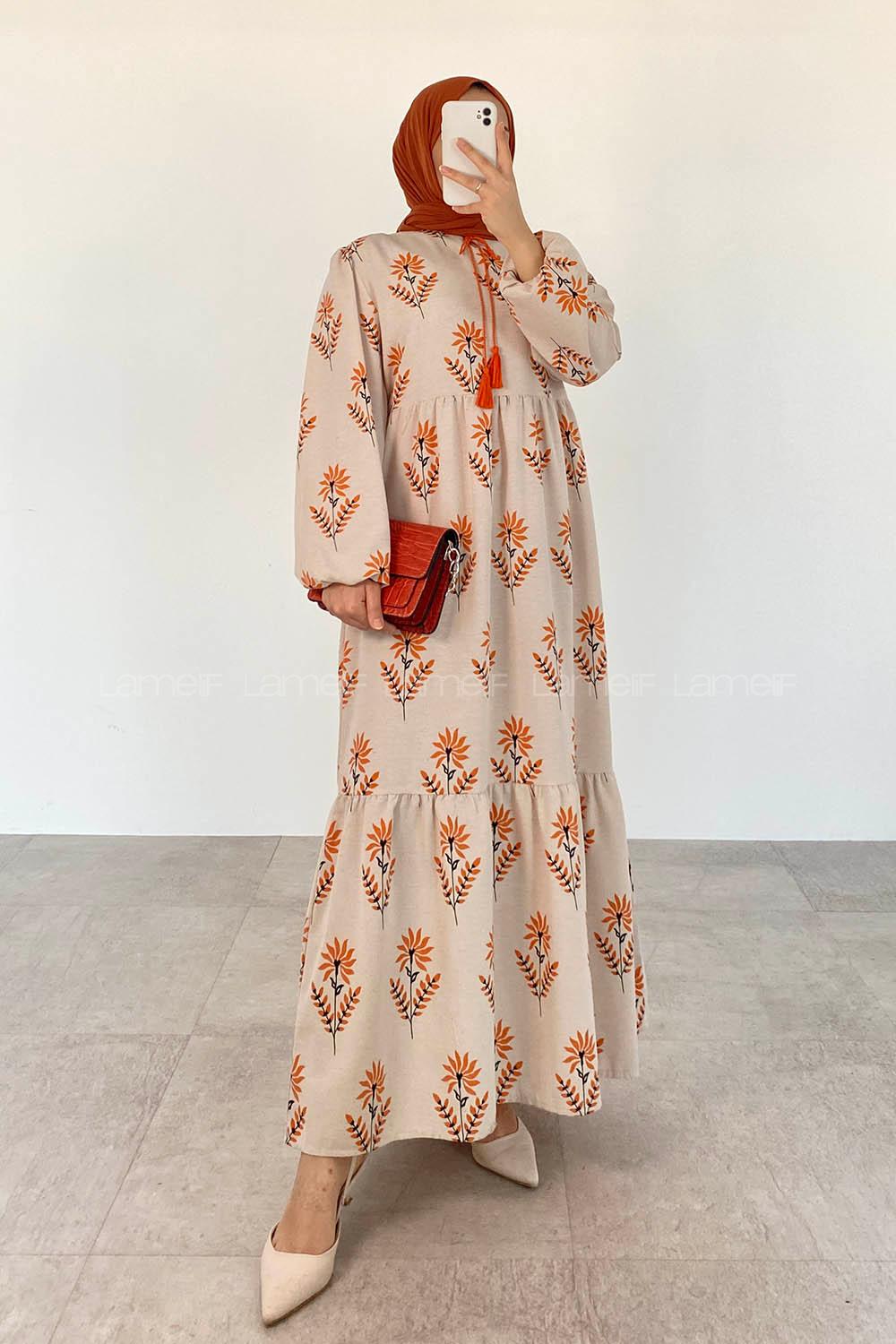 Orange Foulard Neck Cotton Printed Dresess