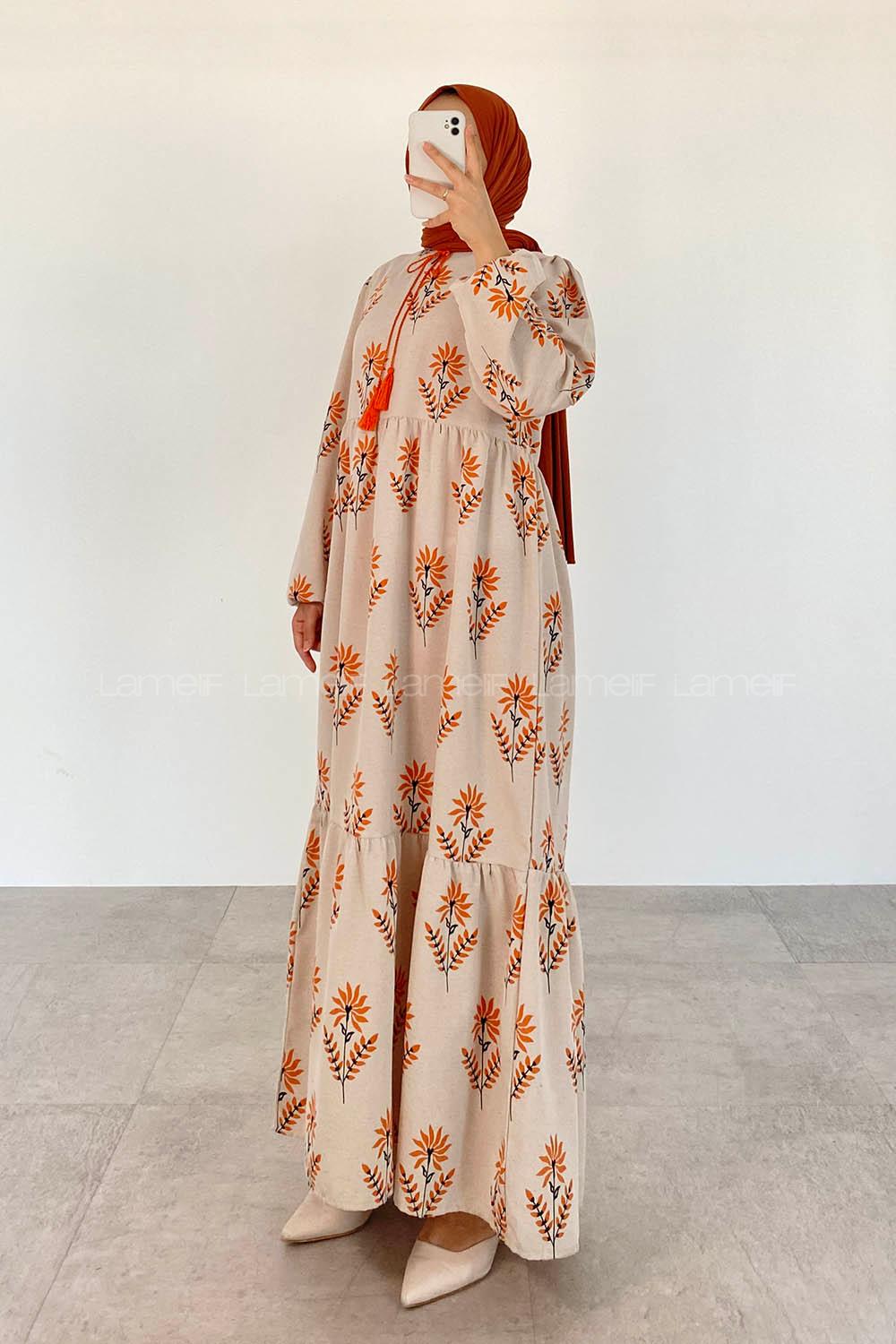 Orange Foulard Neck Cotton Printed Dresess