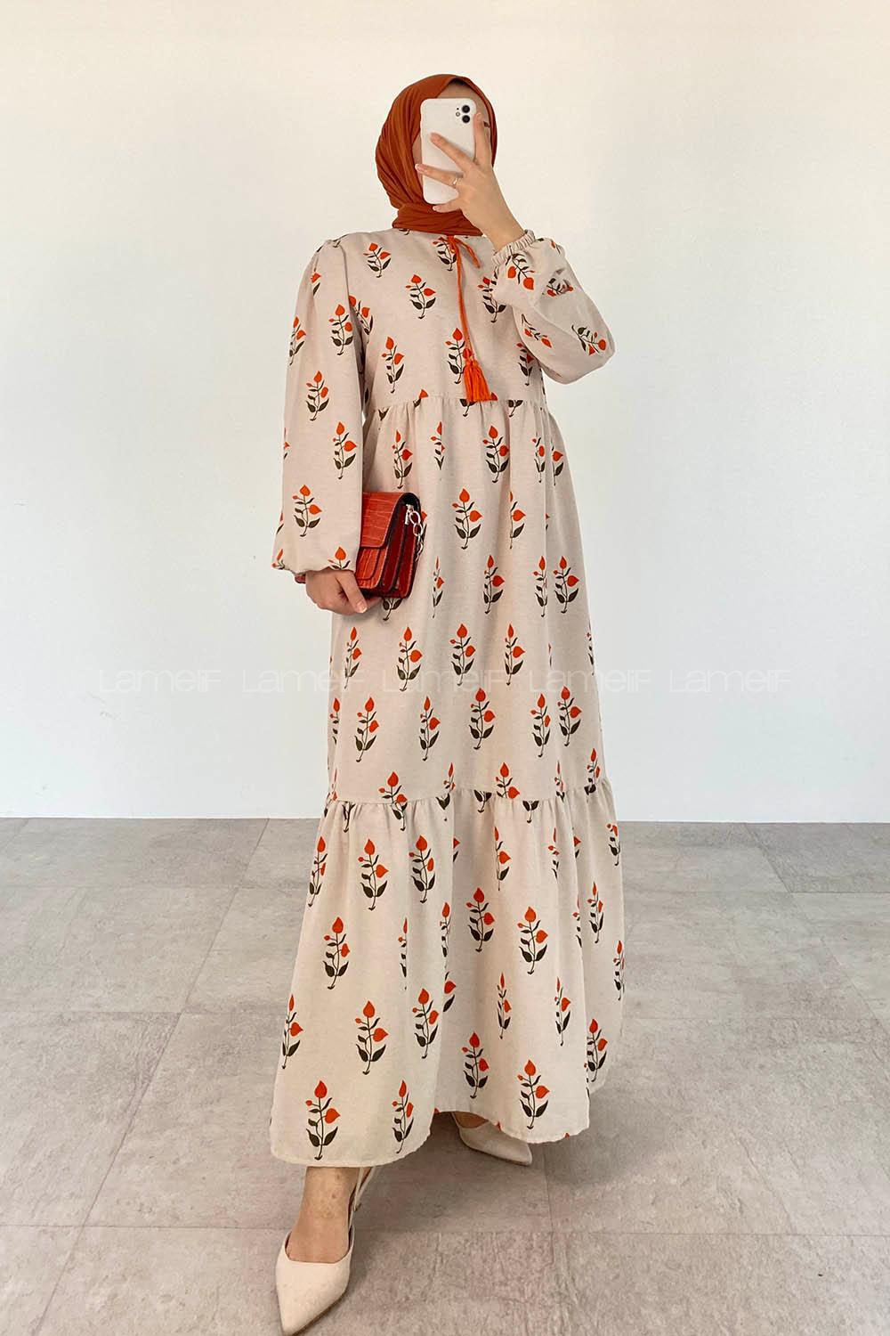 Orange Foulard Neck Cotton Printed Dresess