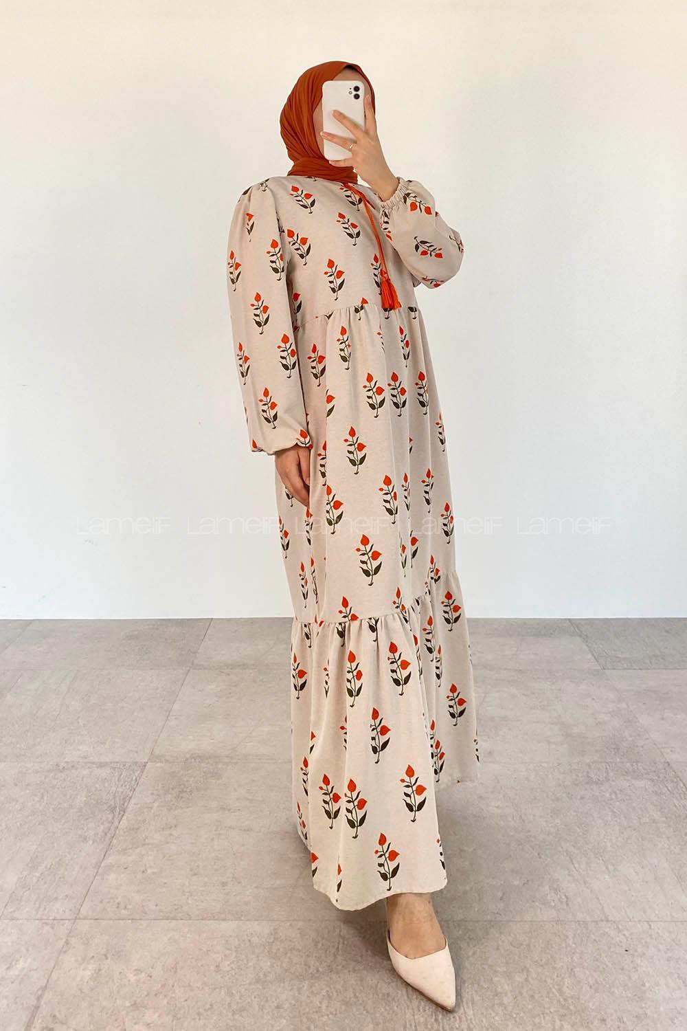 Orange Foulard Neck Cotton Printed Dresess