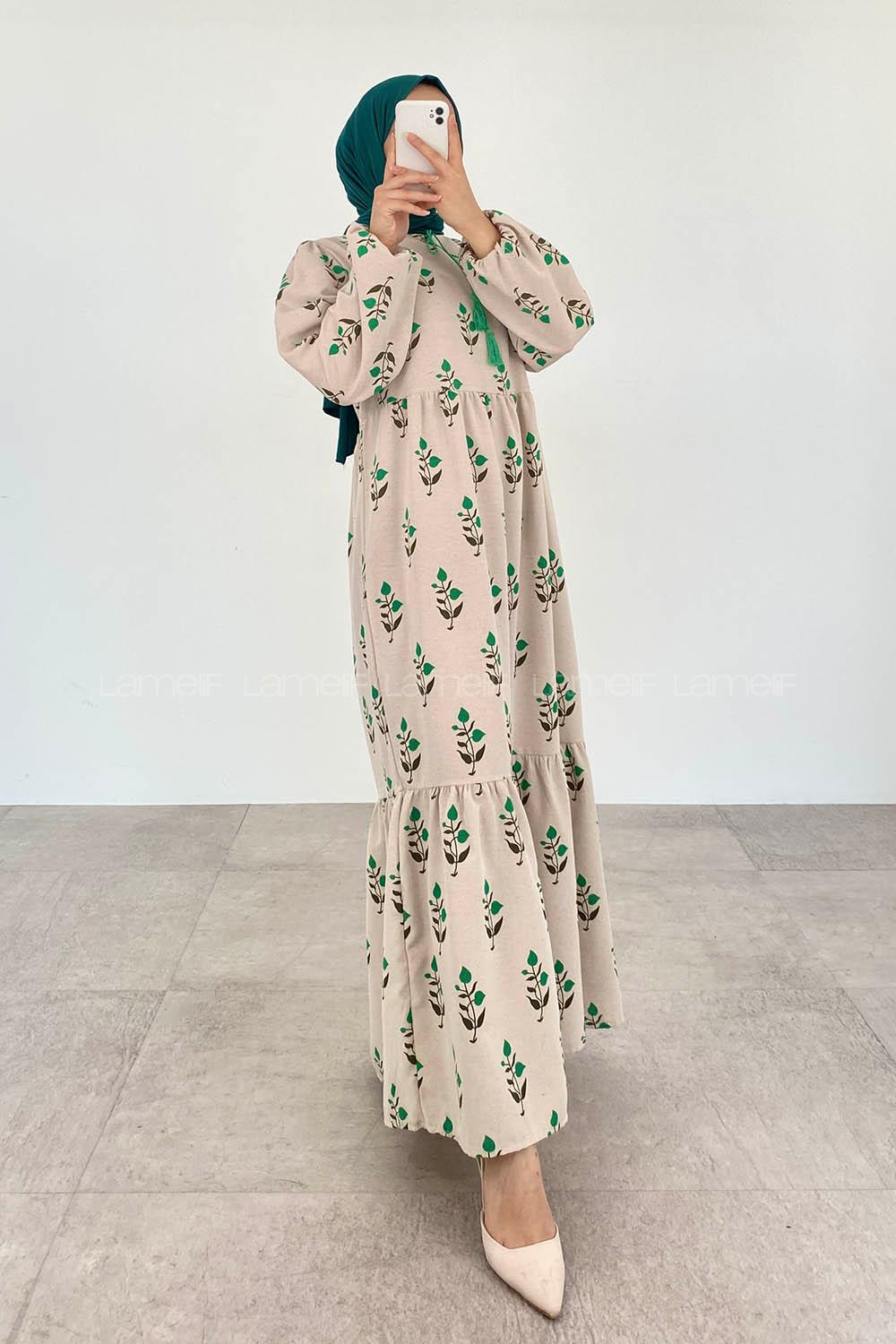 Green Foulard Neck Cotton Printed Dresess