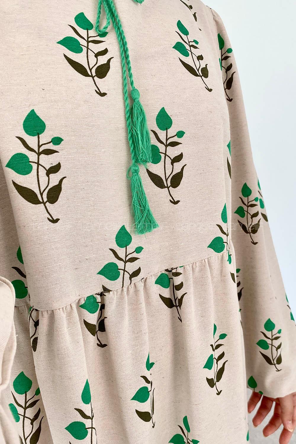 Green Foulard Neck Cotton Printed Dresess