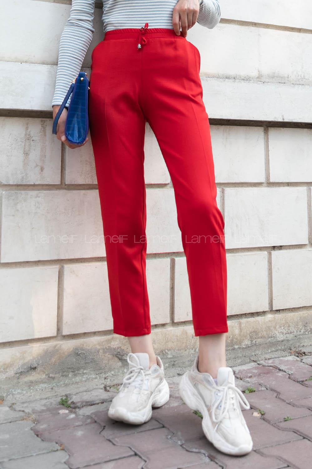 Red Viscose Fabric High Waist Material Pants