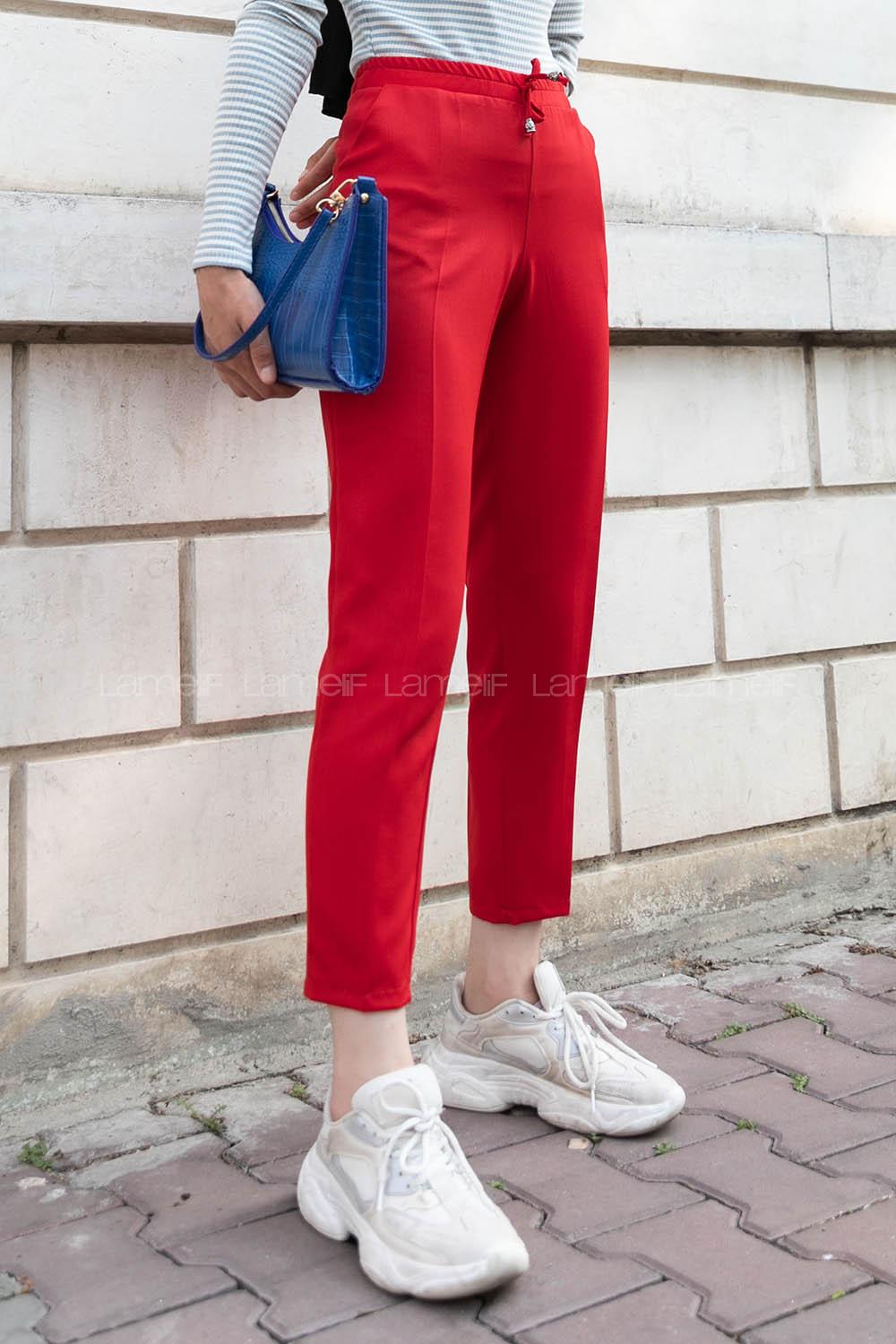Red Viscose Fabric High Waist Material Pants