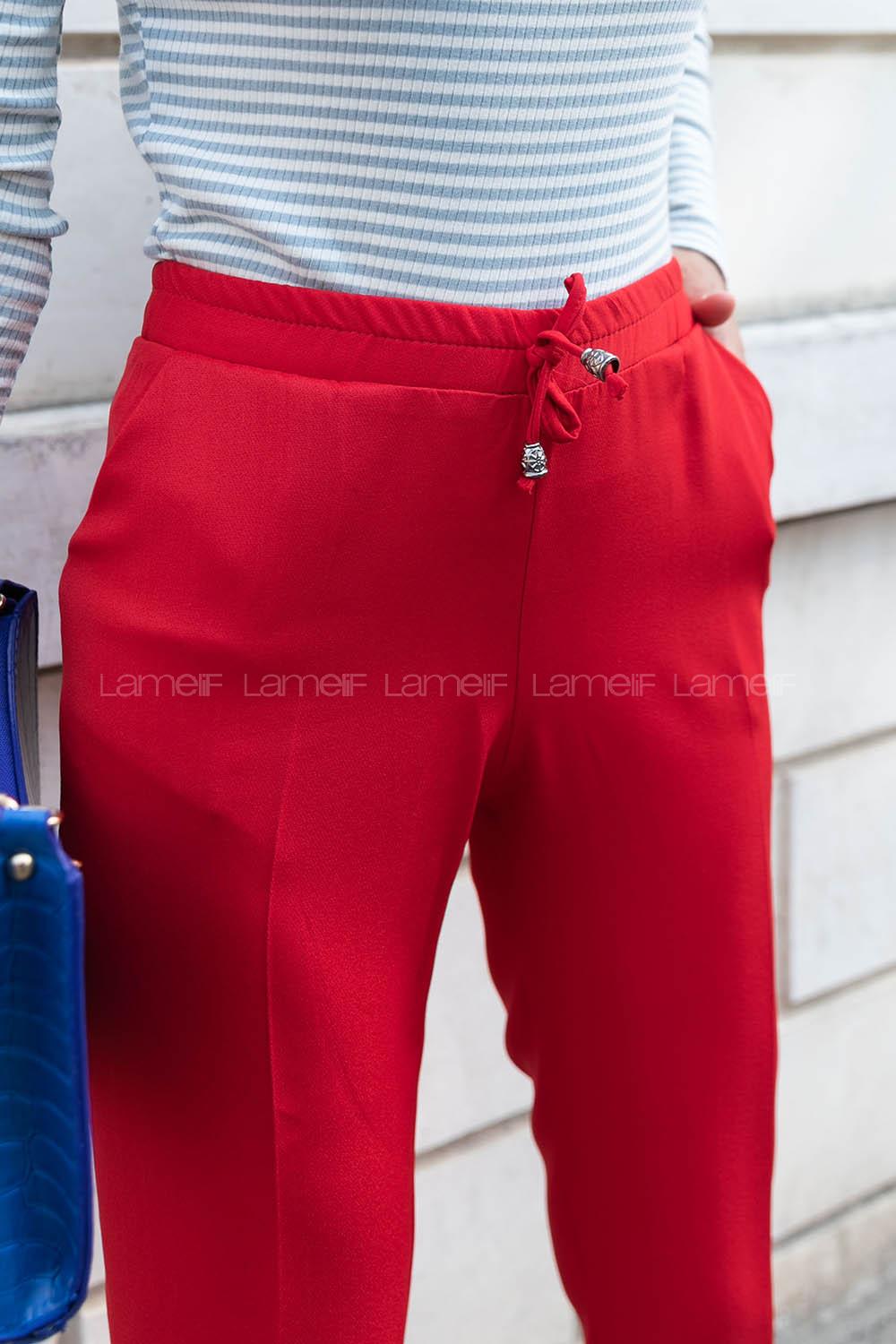 Red Viscose Fabric High Waist Material Pants