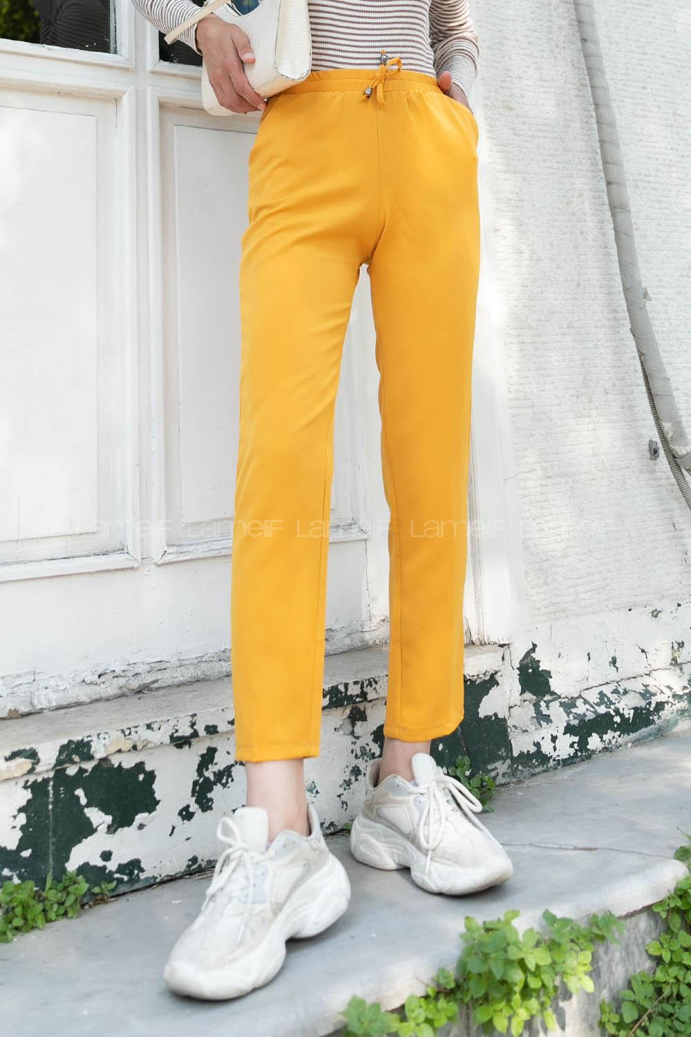 Yellow Viscose Fabric High Waist Material Pants