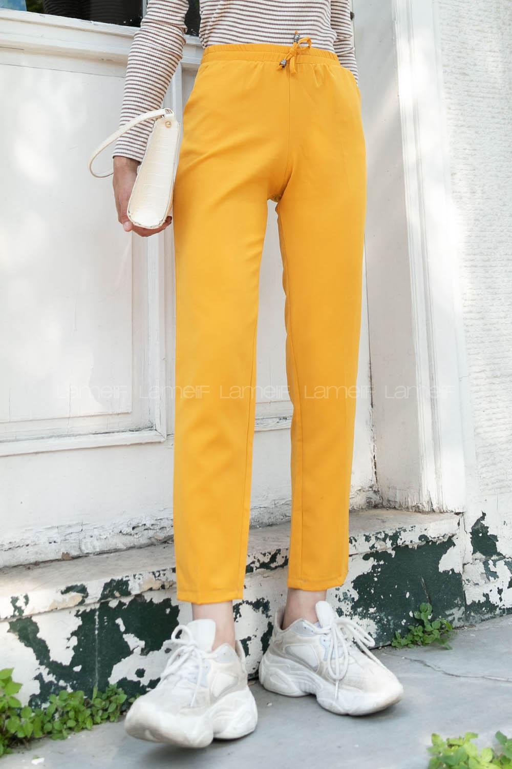 Yellow Viscose Fabric High Waist Material Pants
