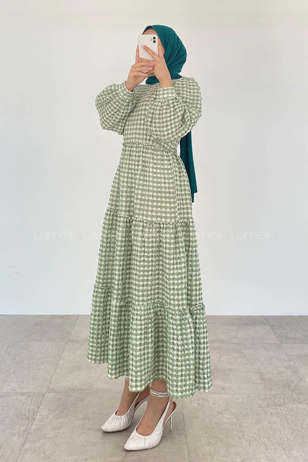 Modalamelif Balon Kol Ekose Elbise Çağla Yeşili