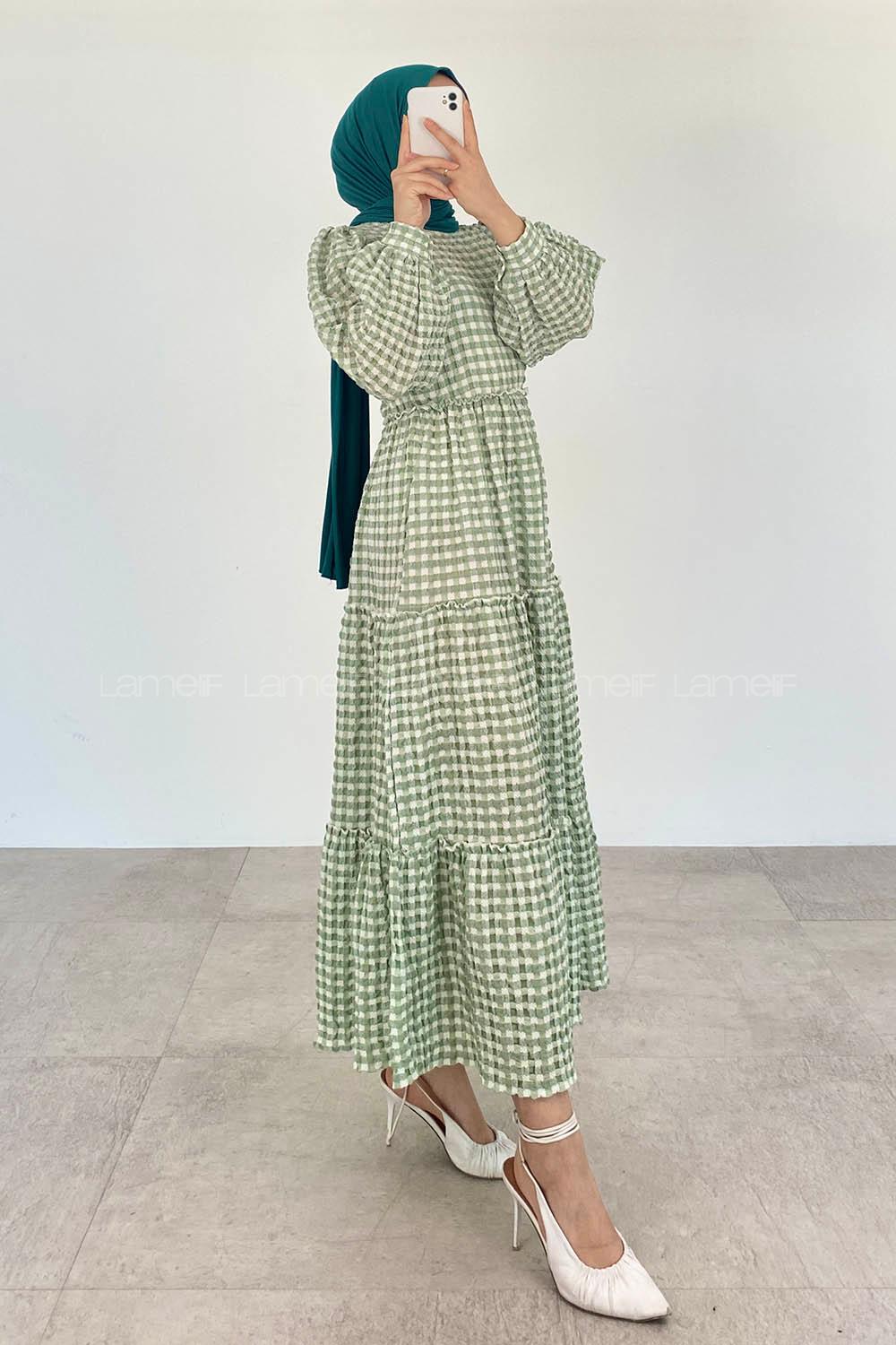 Modalamelif Balon Kol Ekose Elbise Çağla Yeşili