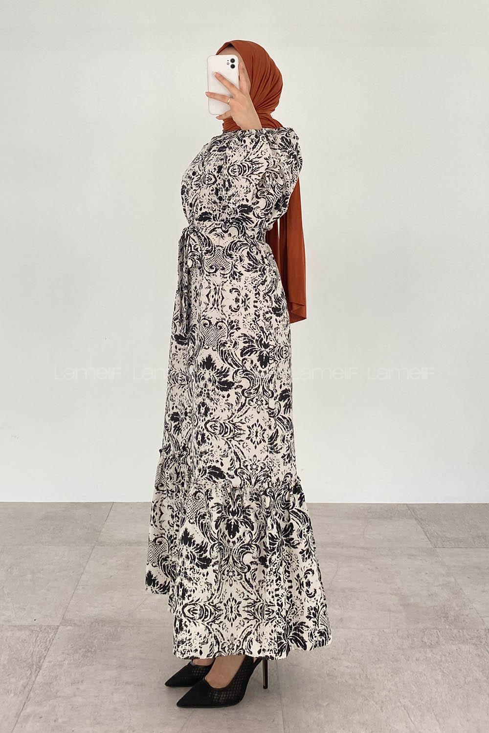 Black Mandarin Collar Viscose Fabric Printed Dresess