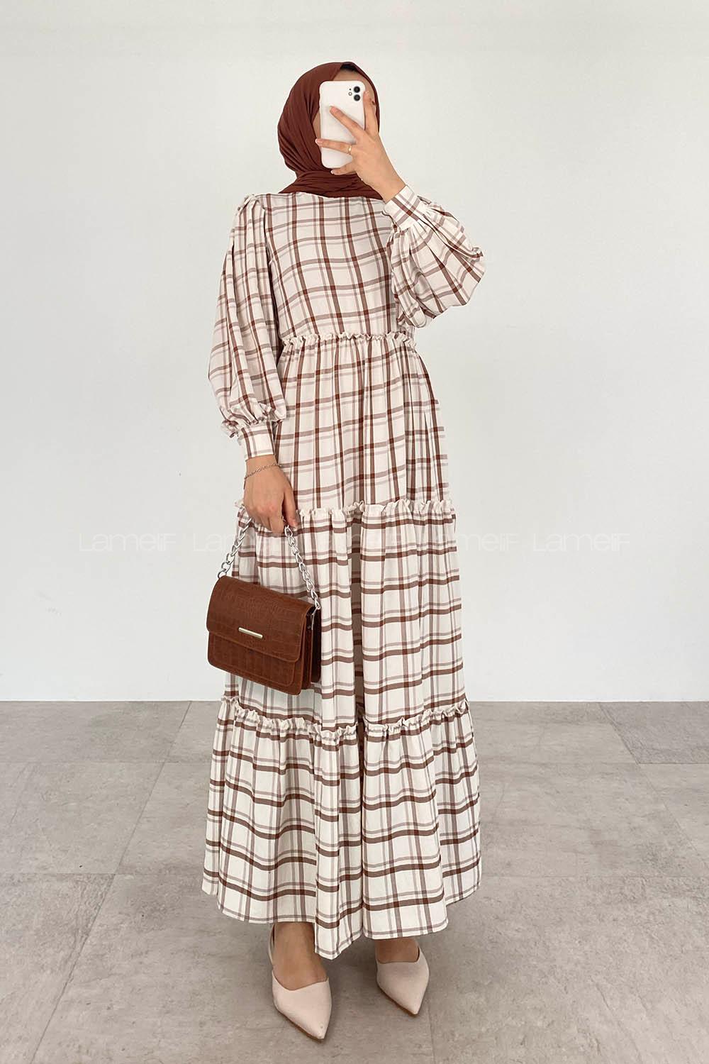 Brown Striped Crew Neck Ayrobin Printed Dresess