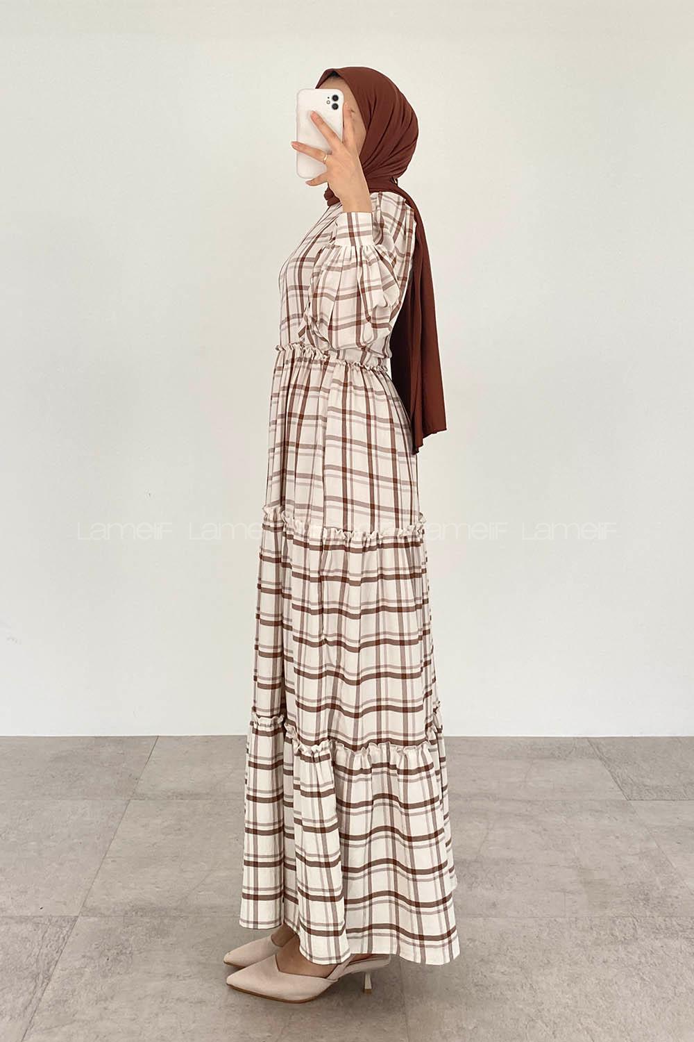 Brown Striped Crew Neck Ayrobin Printed Dresess