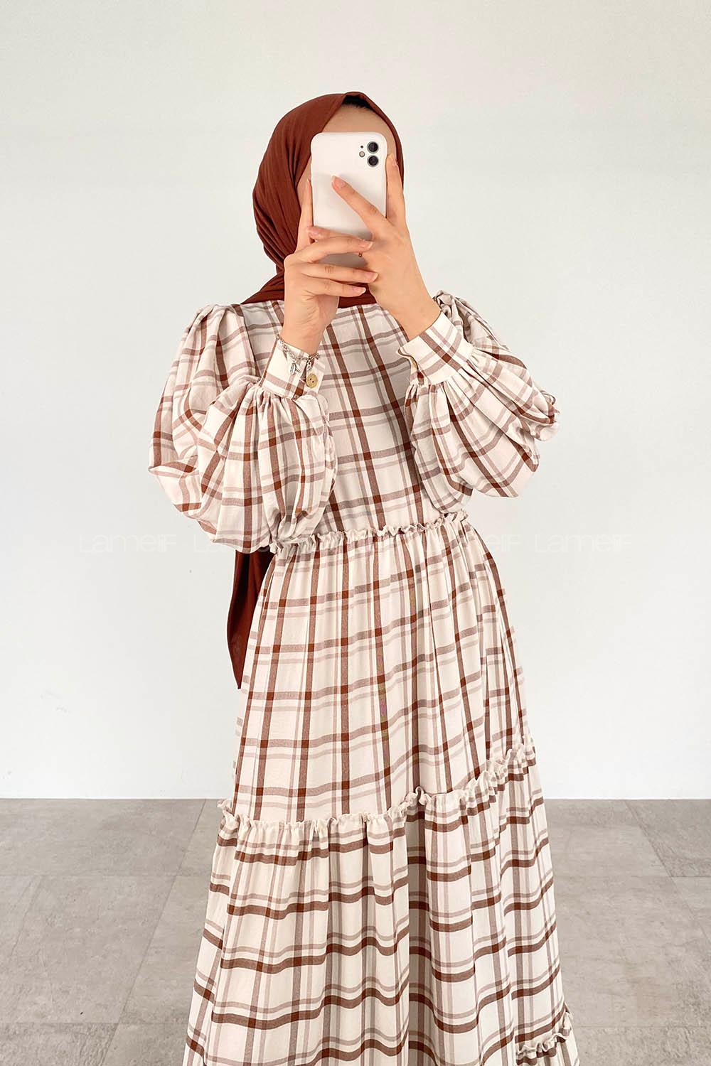 Brown Striped Crew Neck Ayrobin Printed Dresess