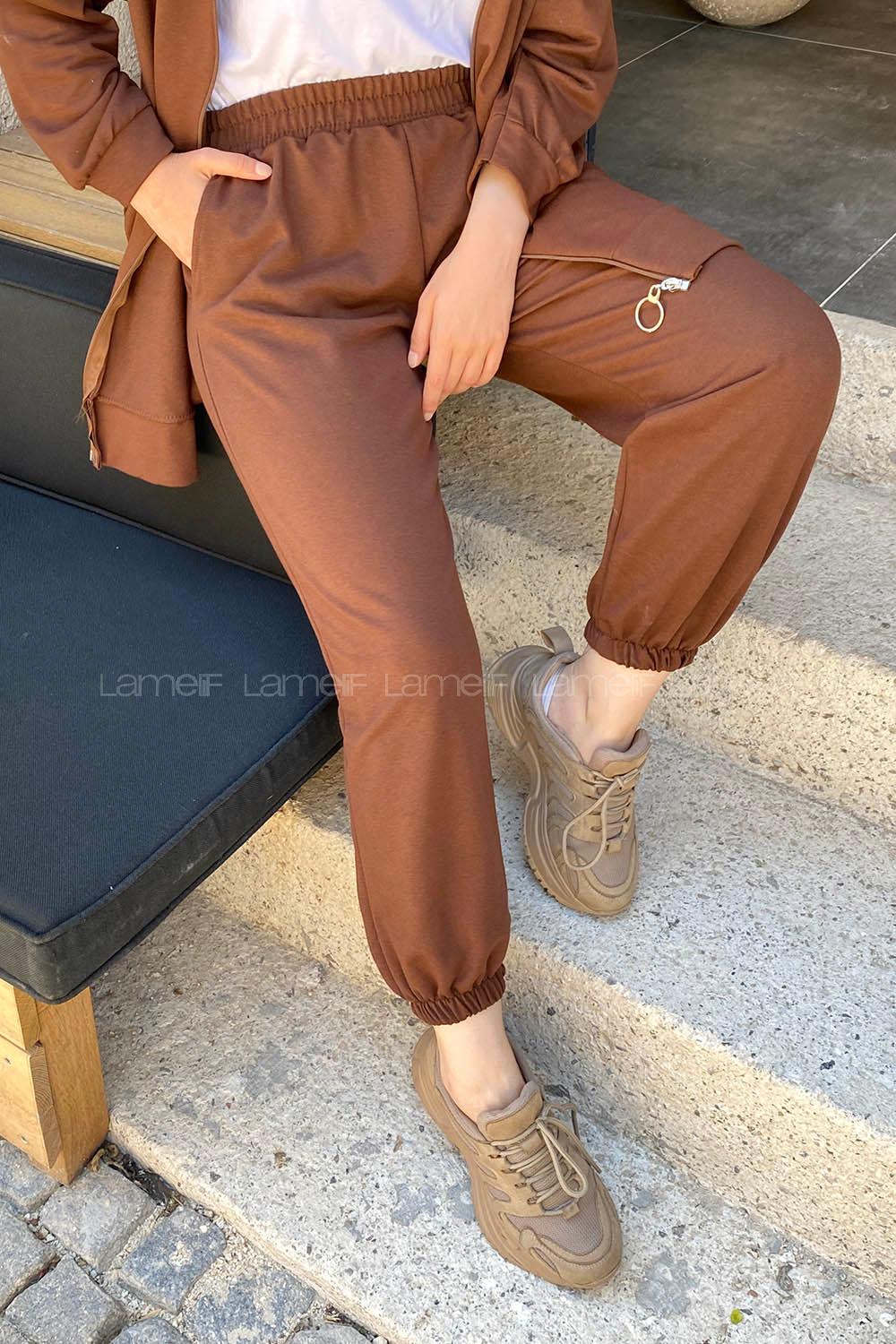 Bitter Brown Elastic Trousers Elastic Waist Regular Cut Bottom Tracksuit