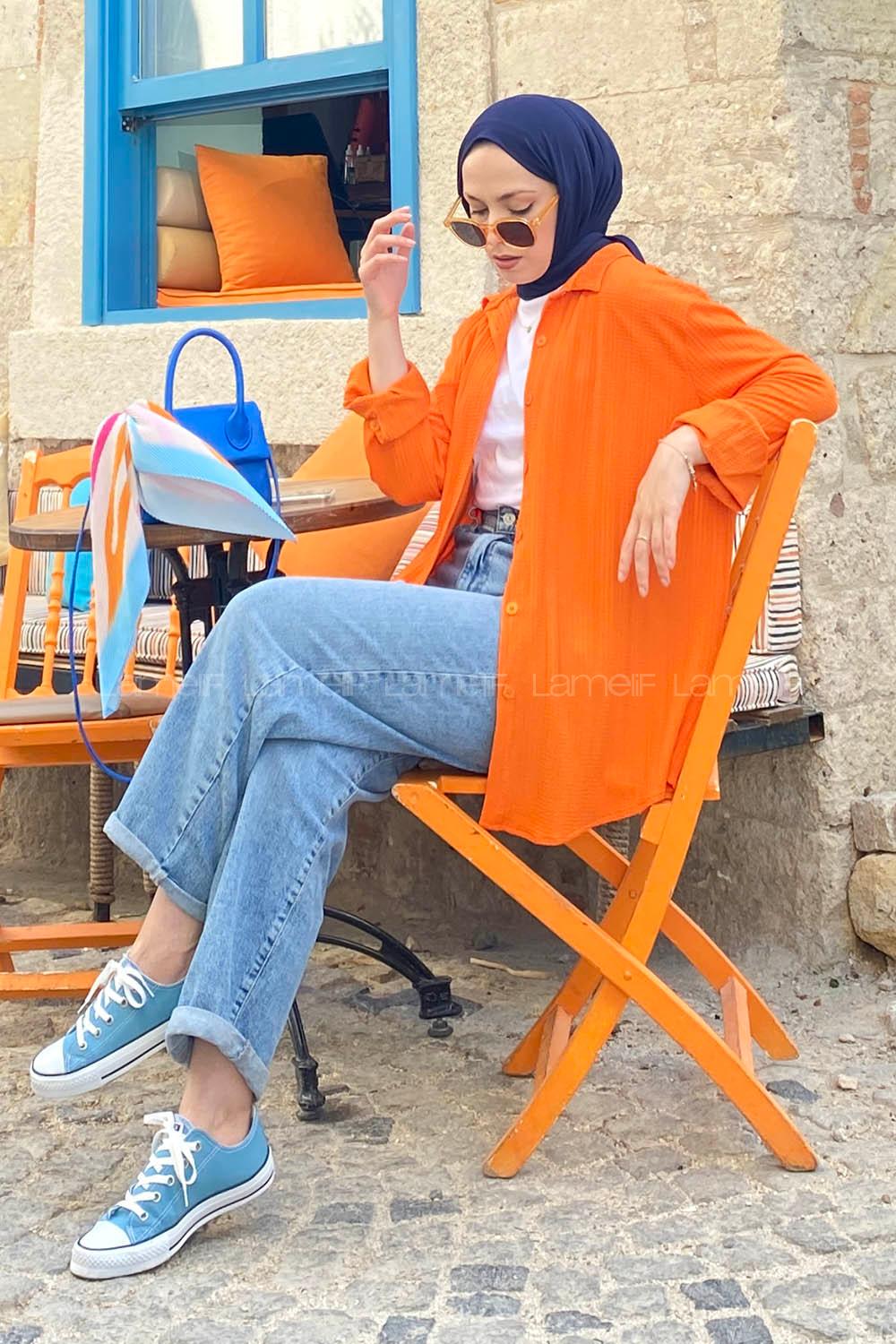 Orange Shirt Collar Long Arm Viscose Fabric Unprinted Shirt