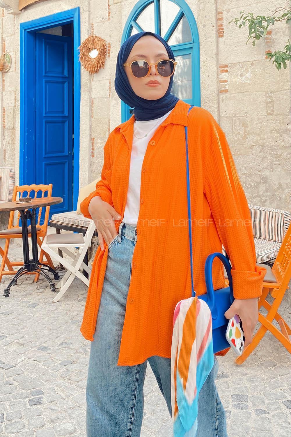 Orange Shirt Collar Long Arm Viscose Fabric Unprinted Shirt