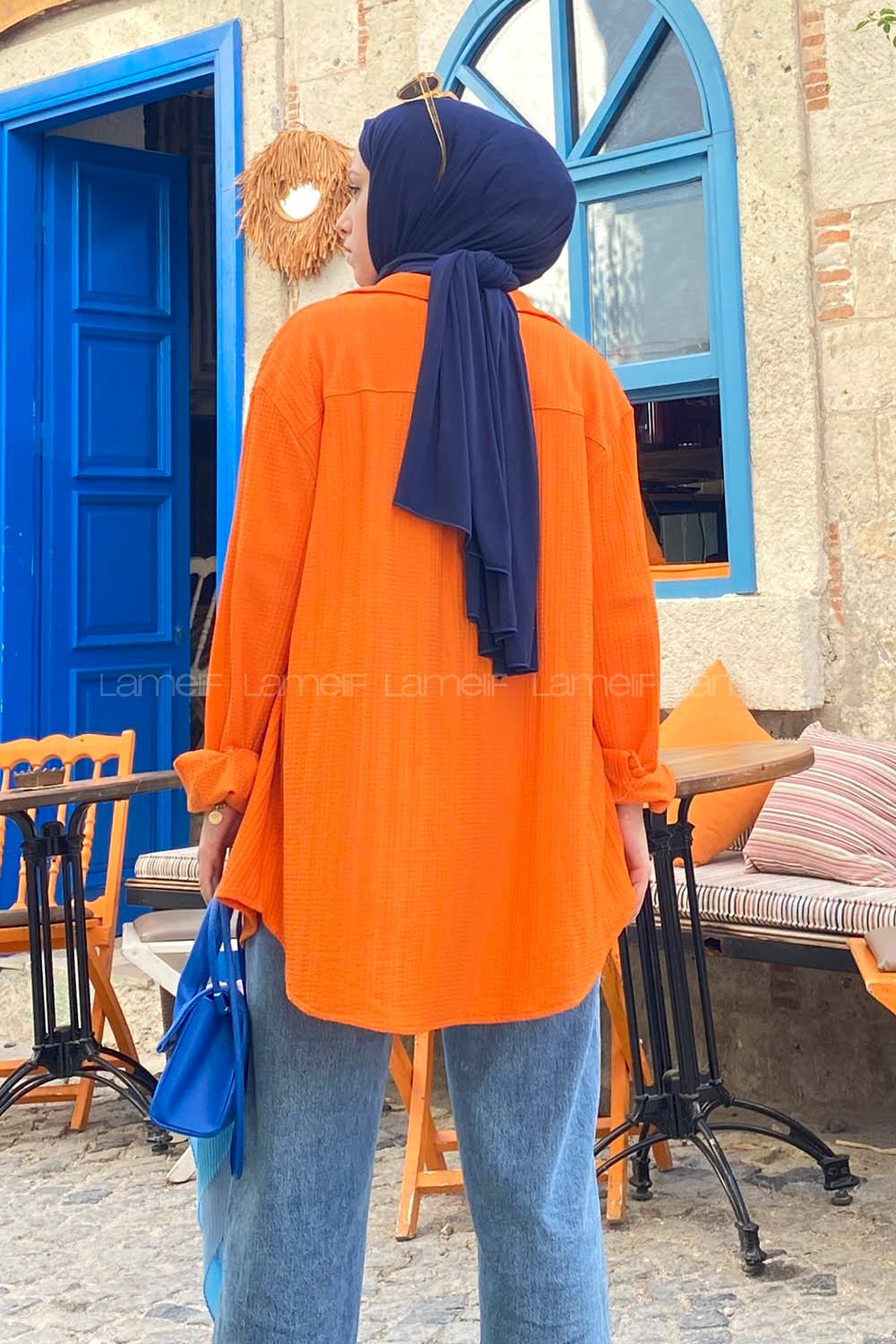 Orange Shirt Collar Long Arm Viscose Fabric Unprinted Shirt