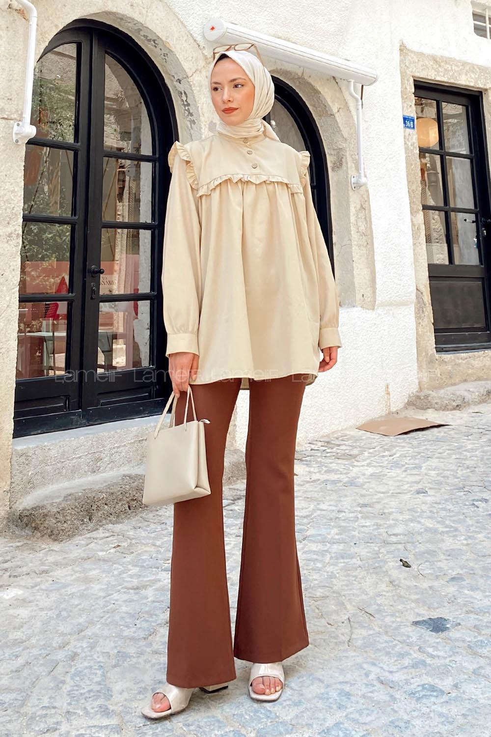 Modalamelif Hakim Yaka Önü Pileli  Tunik Camel