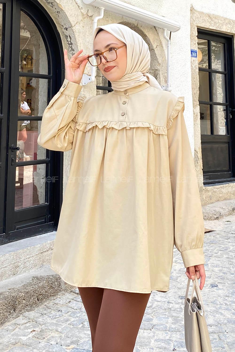 Modalamelif Hakim Yaka Önü Pileli  Tunik Camel