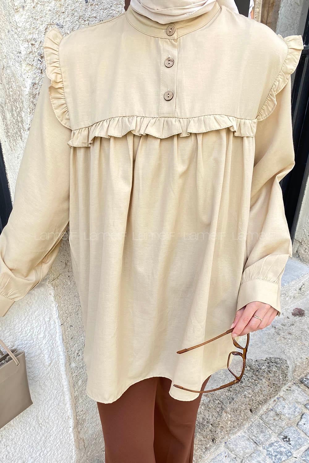 Modalamelif Hakim Yaka Önü Pileli  Tunik Camel