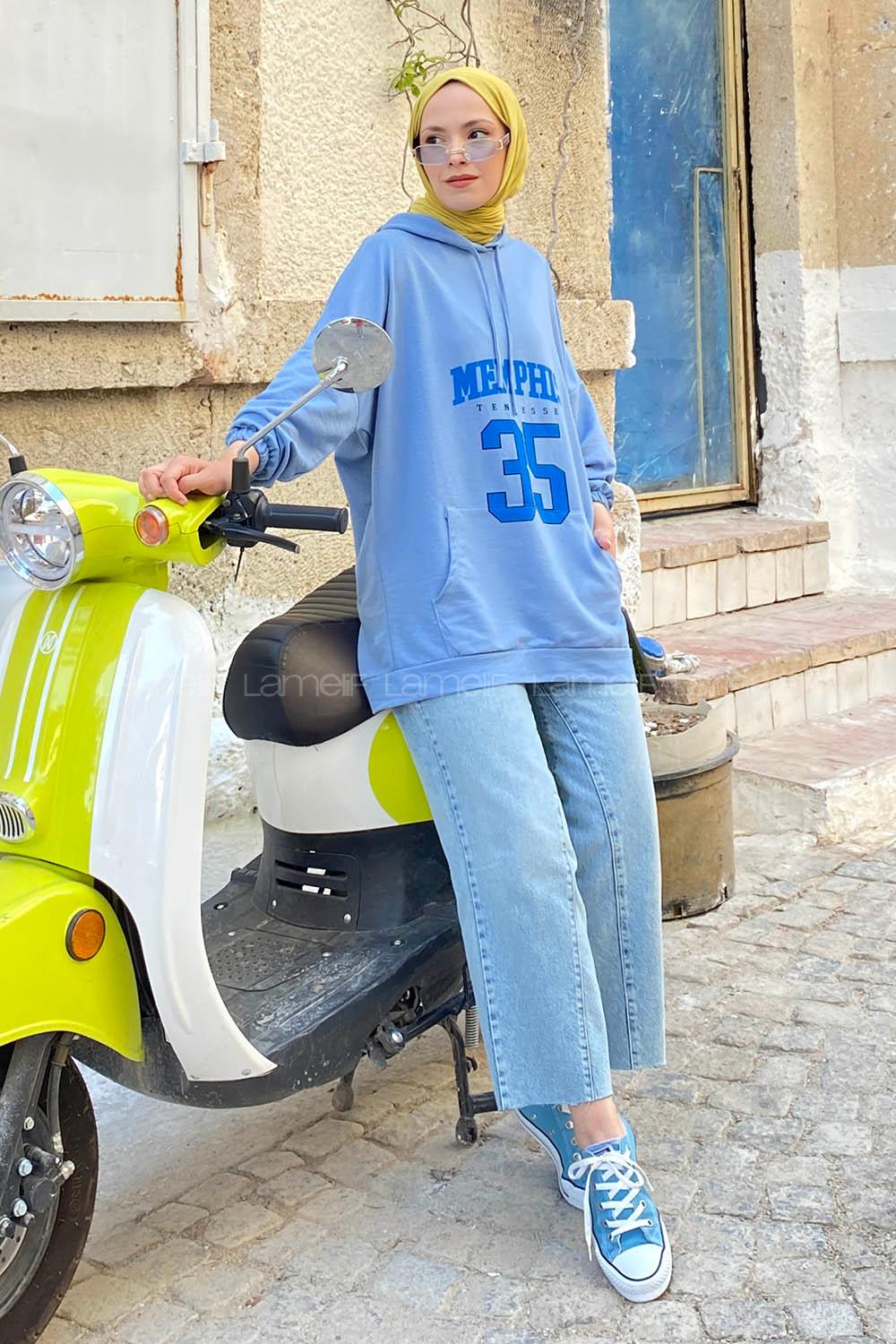 Modalamelif Kapşonlu Memphis Baskılı Sweatshirt Açık Mavi