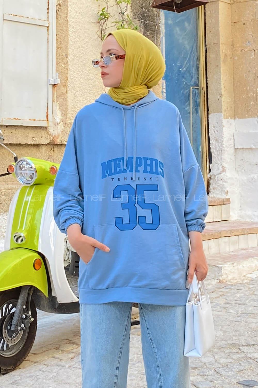 Modalamelif Kapşonlu Memphis Baskılı Sweatshirt Açık Mavi
