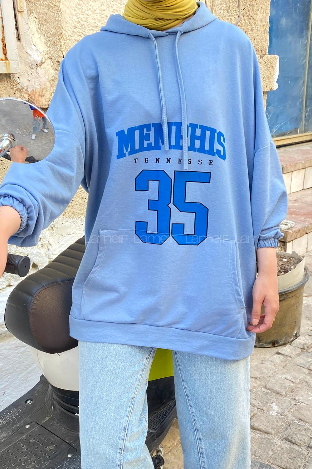 Modalamelif Kapşonlu Memphis Baskılı Sweatshirt Açık Mavi