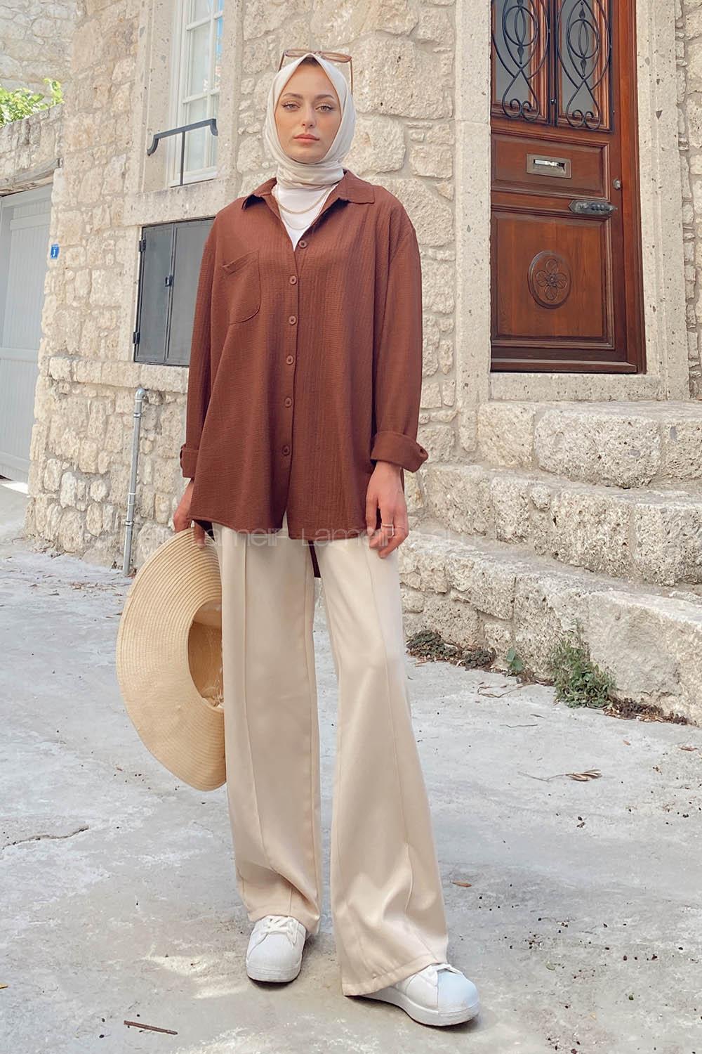 Brown Shirt Collar Long Arm Viscose Fabric Unprinted Shirt