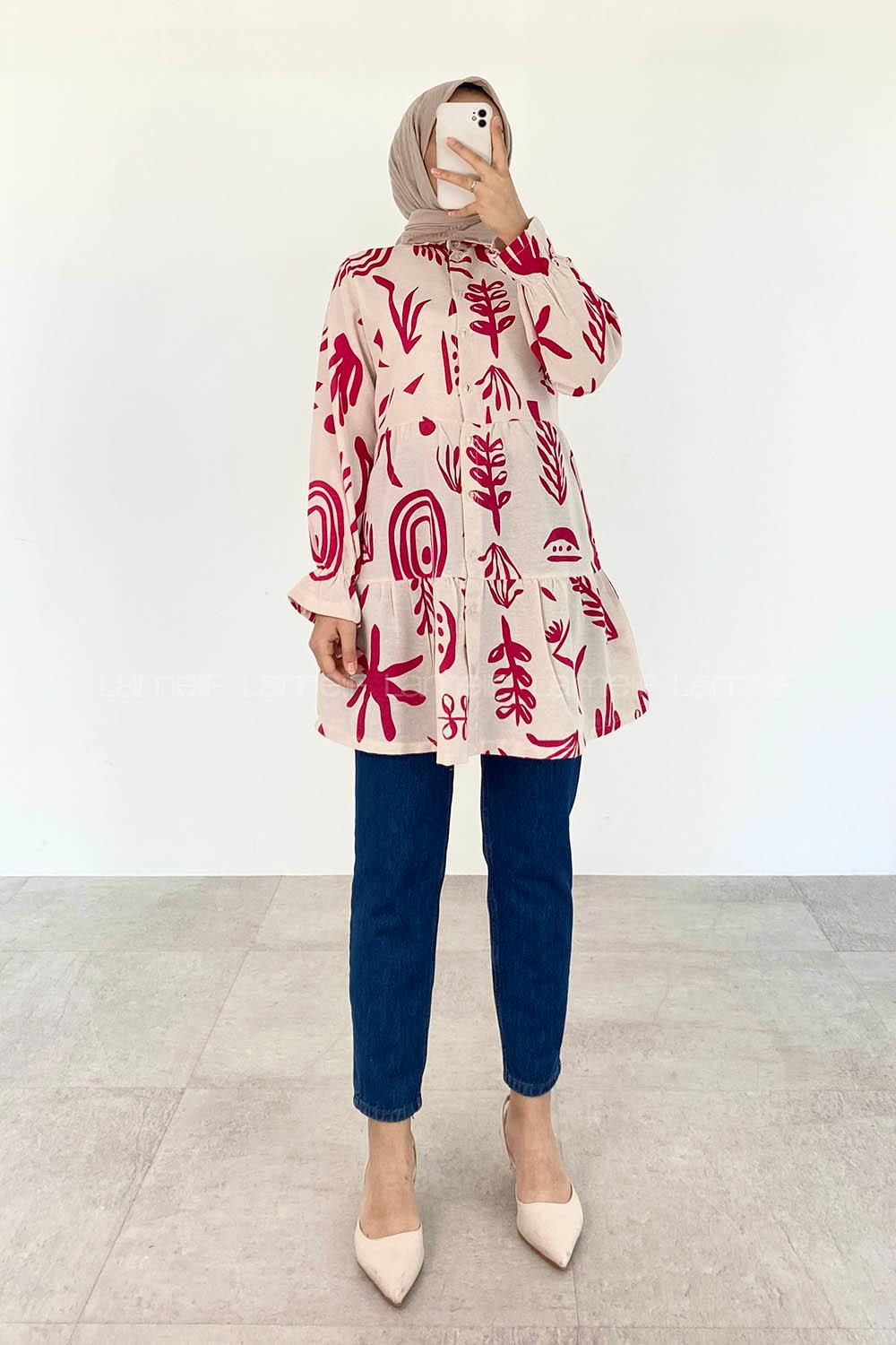 Fuchsia Shirt Collar Long Arm Viscose Fabric Printed Shirt