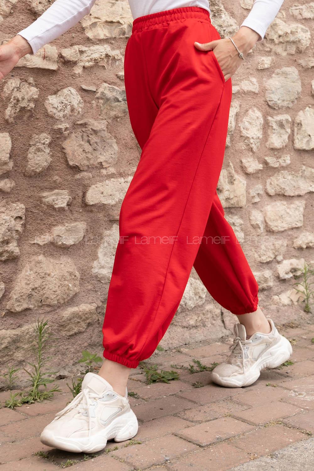 Lamelif Bel Ve Paça Lastikli Eşofman Kırmızı