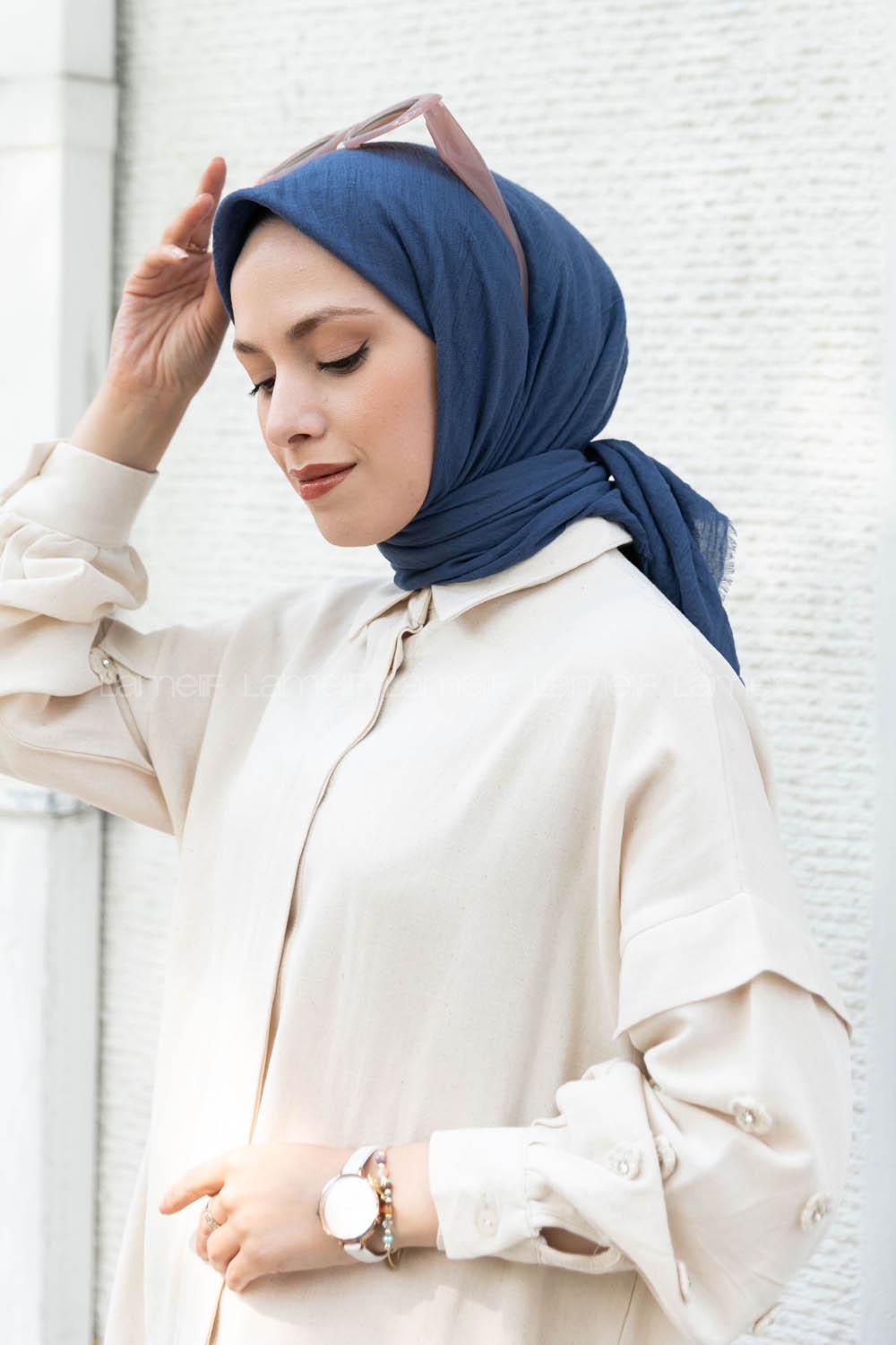 Lamelif Ayrobin Pamuk Eşarp İndigo