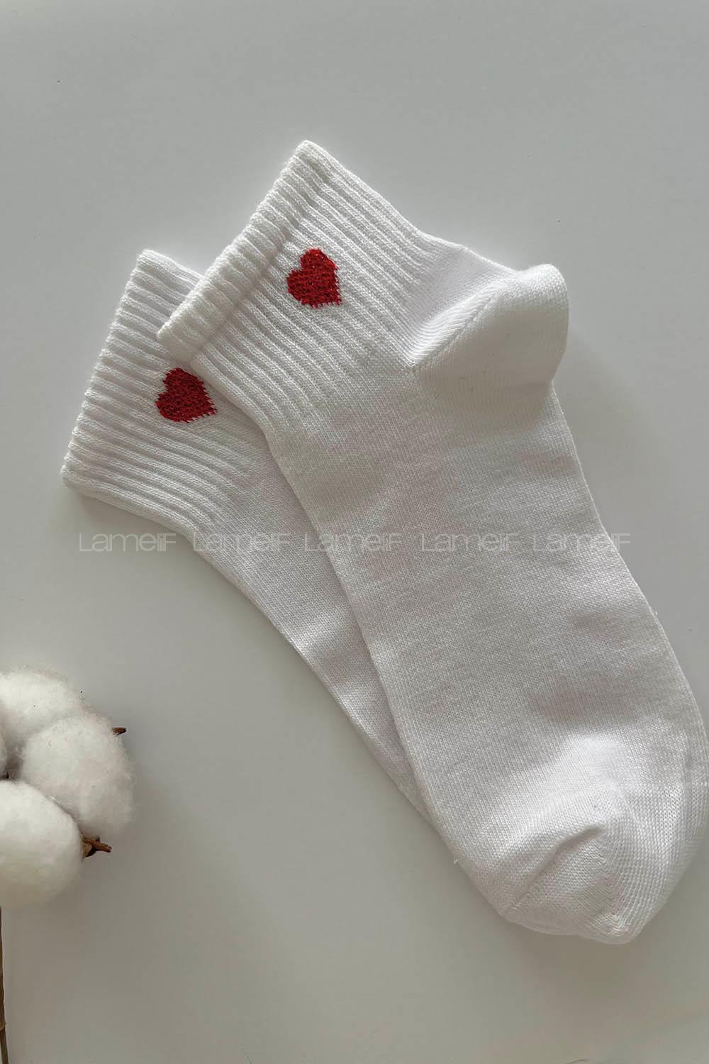 Lamelif Kalp Nakış İşlemeli Beyaz Tenis Çorap