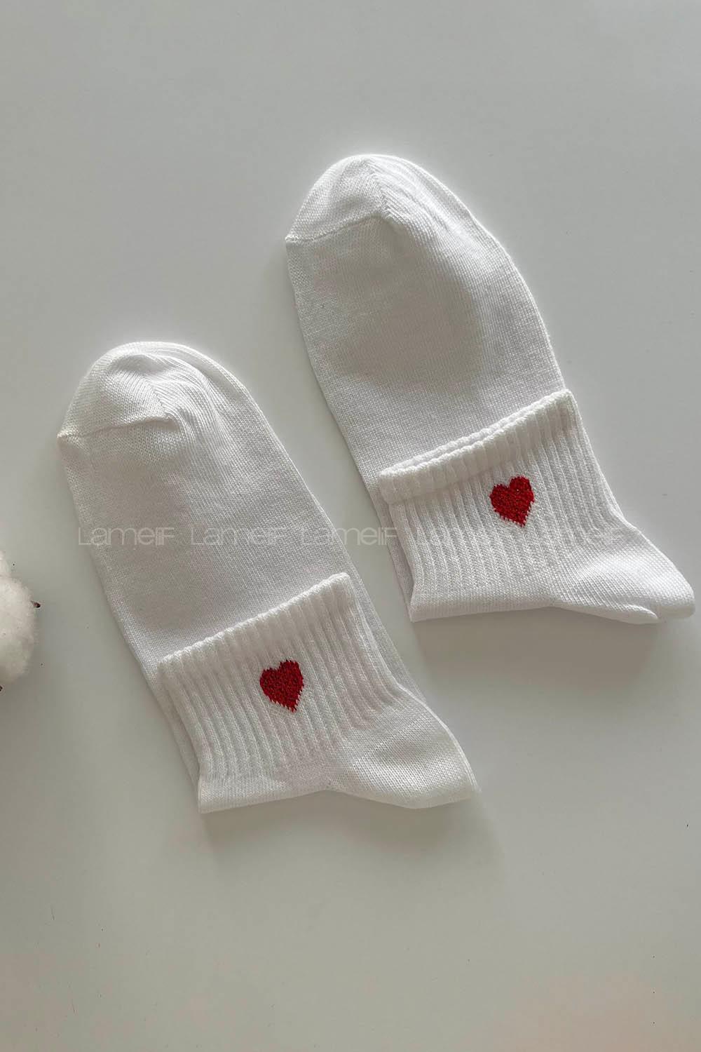 Lamelif Kalp Nakış İşlemeli Beyaz Tenis Çorap