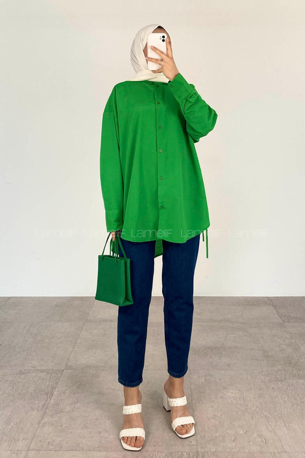 Green-2 Shirt Collar Long Arm Cotton Unprinted Shirt