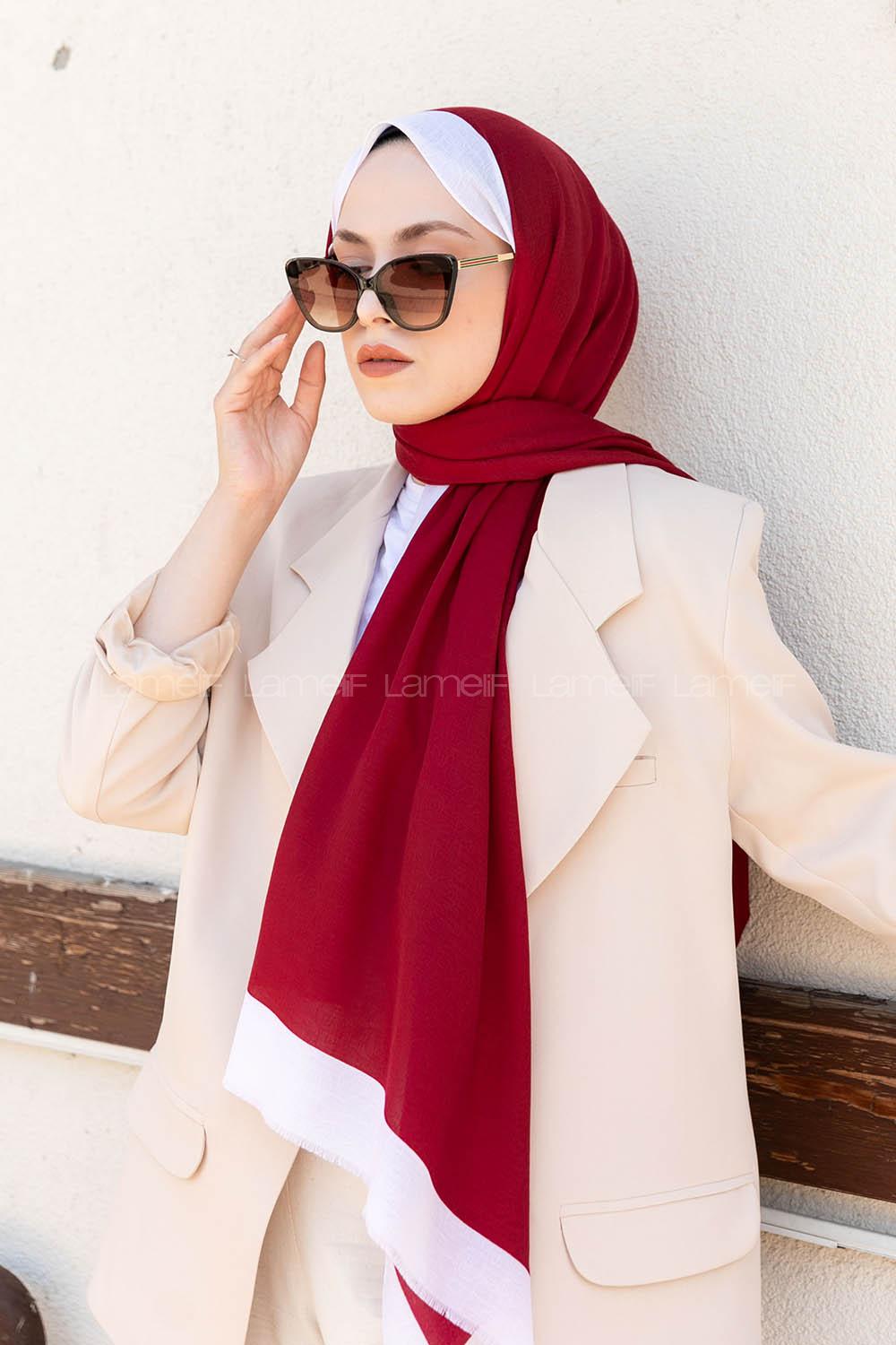 Lamelif Bordo  Ekru Monogram Şal