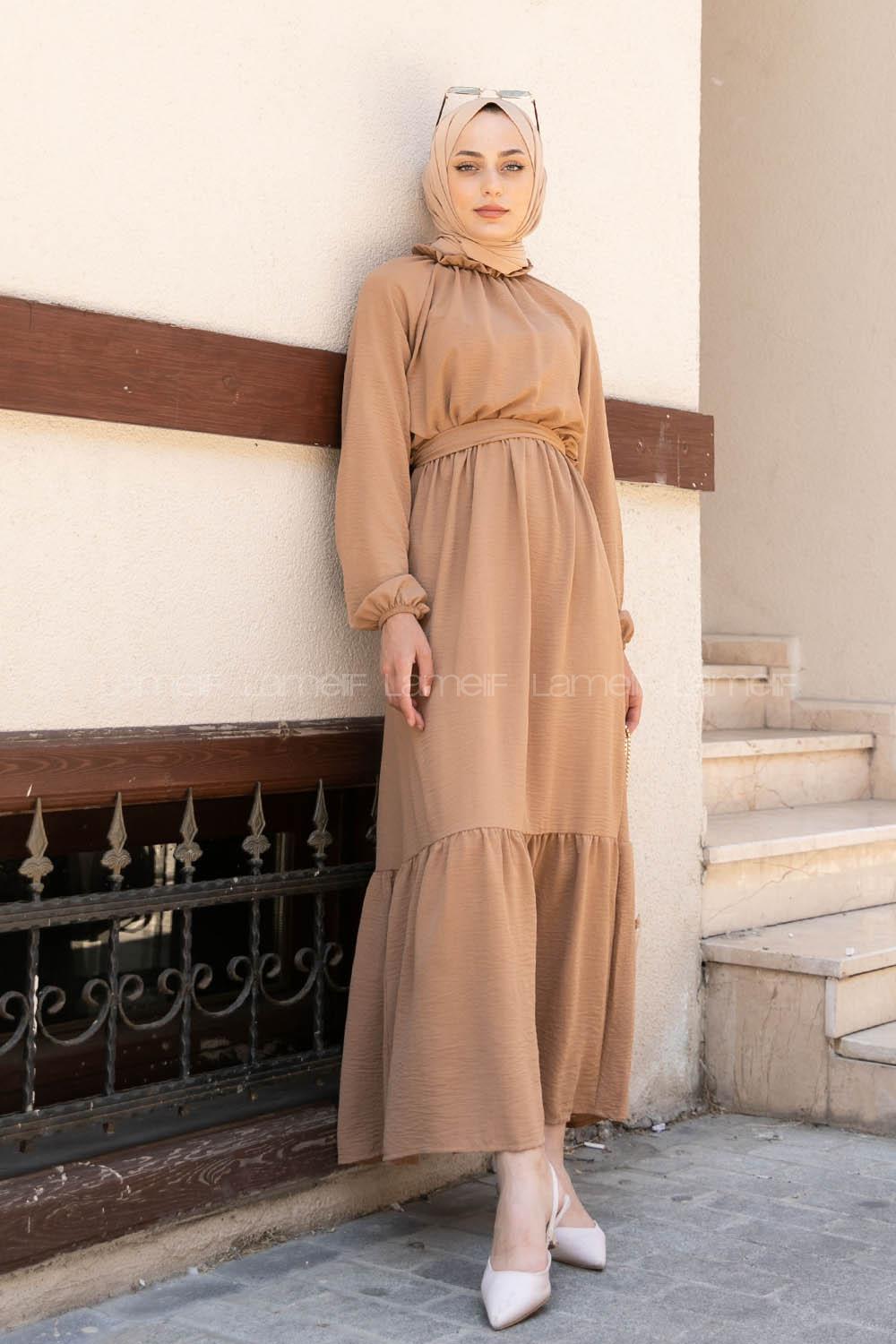 Brown With Milk Foulard Neck Ayrobin Unprinted Dresess