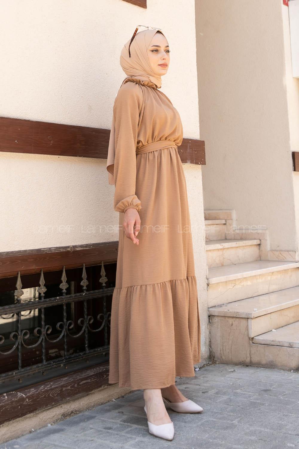 Brown With Milk Foulard Neck Ayrobin Unprinted Dresess